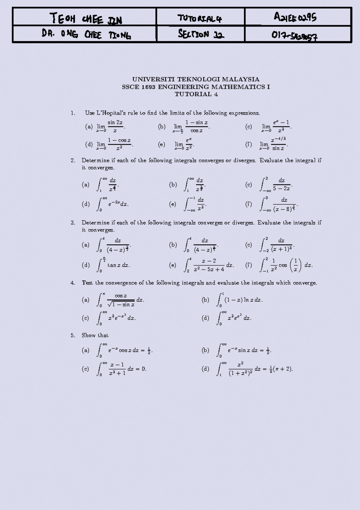 Tutorial 4 Improper Integral (for reference) - UNIVERSITI TEKNOLOGI ...