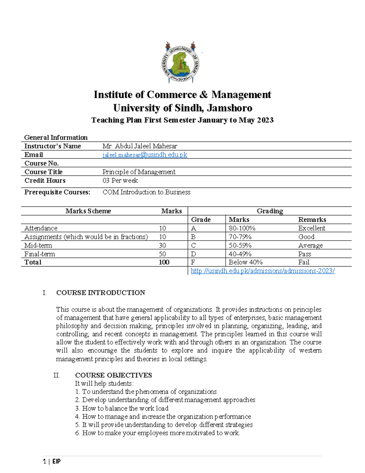 Course Outline - Mgt - Institute Of Commerce & Management University Of ...