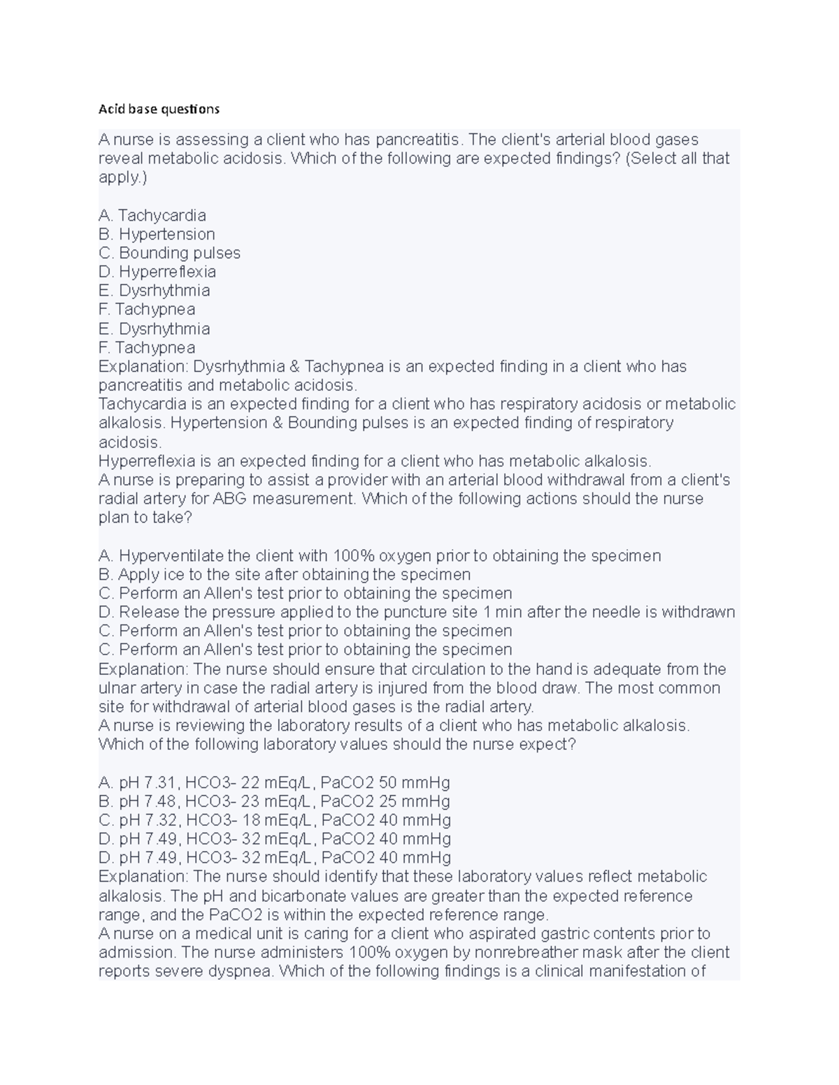 Acid and base practice questions nursing 2021 Acid base questions A