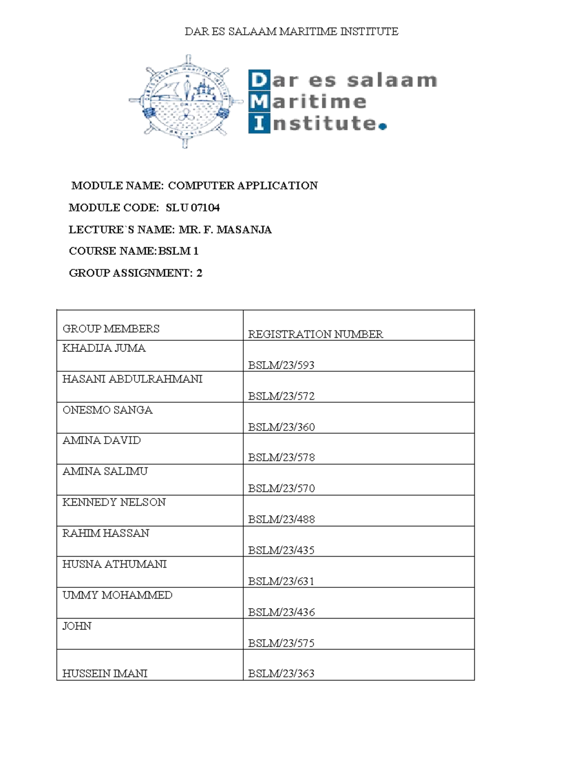 Computer Assignment 2 - god bless us - DAR ES SALAAM MARITIME INSTITUTE ...