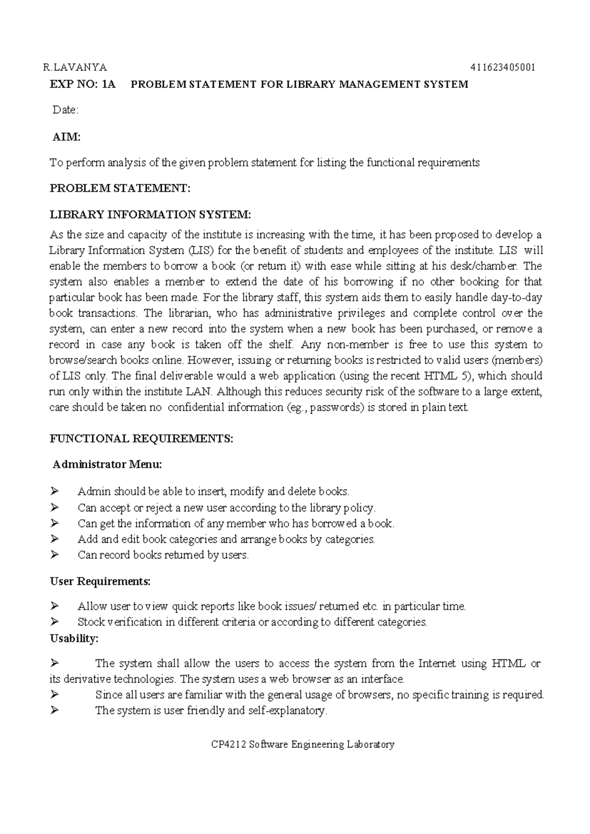 Software engineering record - EXP NO: 1A PROBLEM STATEMENT FOR LIBRARY ...