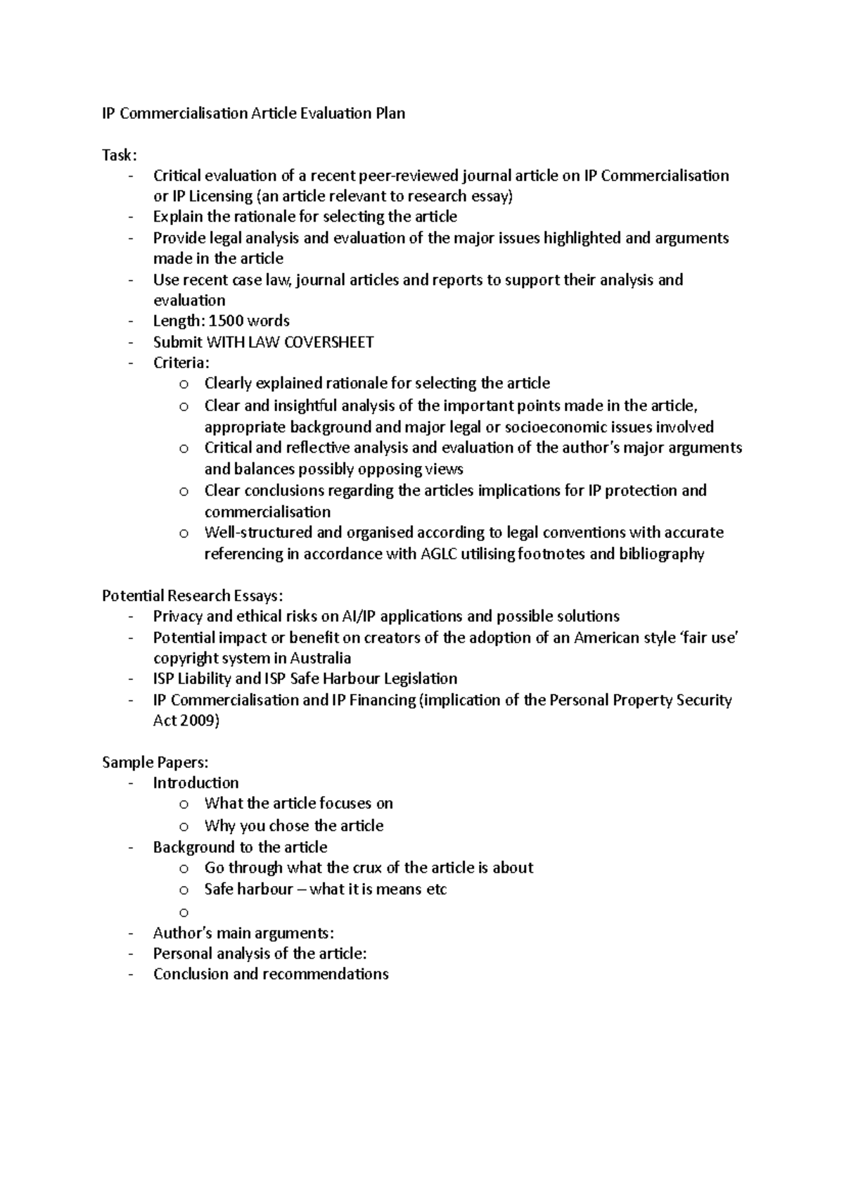 IP Commercialisation Article Evaluation Plan - - Studocu