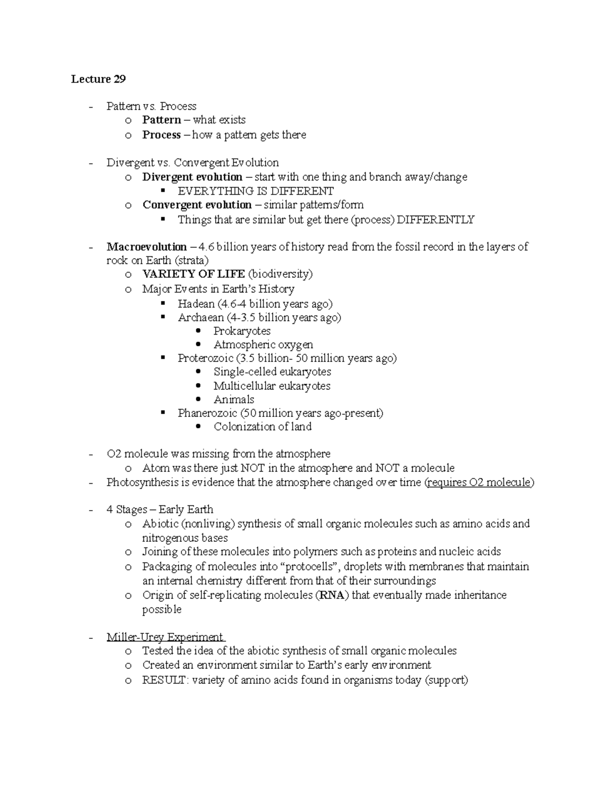 Biology - Unit 4 - study guide - Lecture 29 - Pattern vs. Process o ...