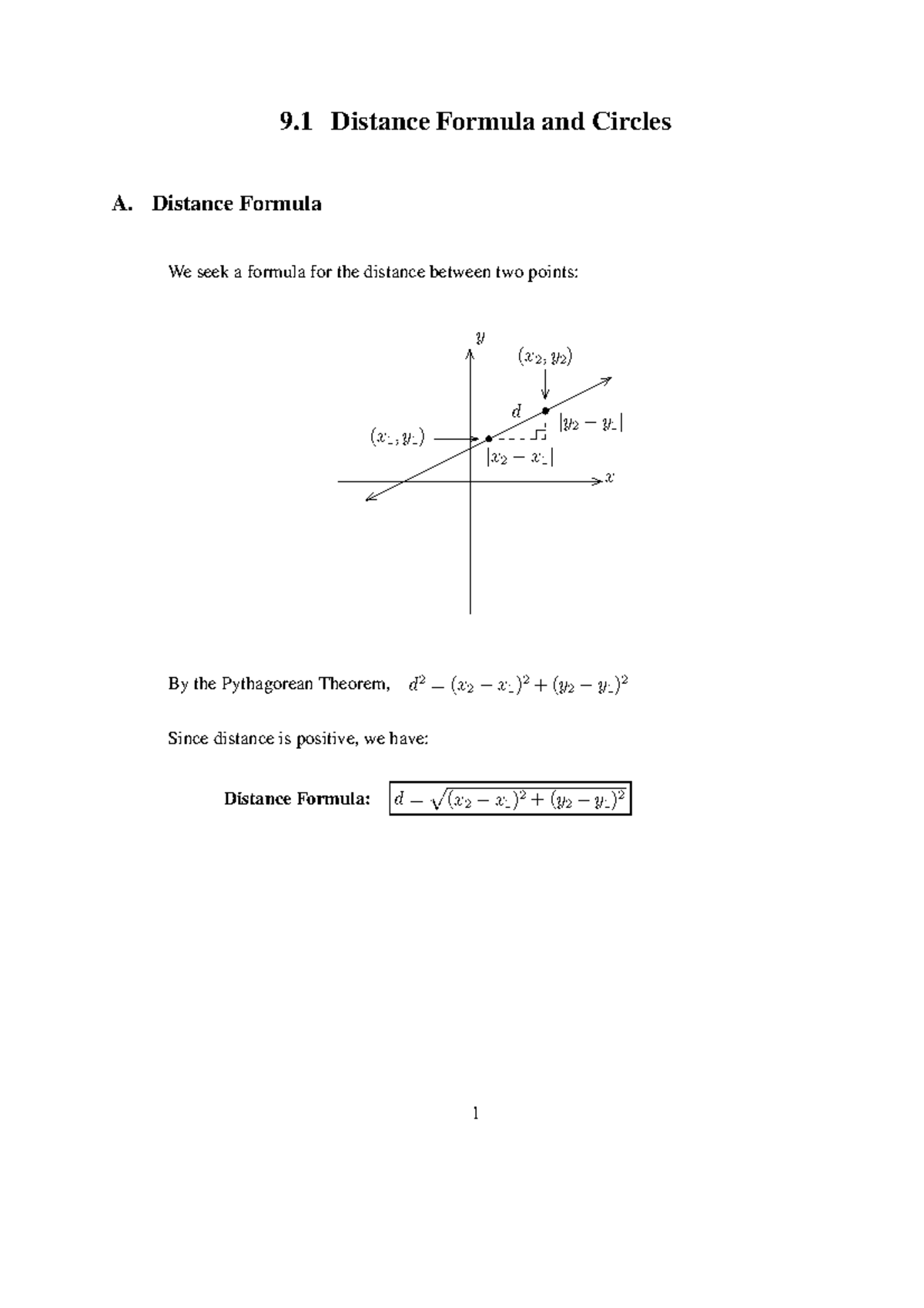 9 1 Distance Formula And Circles Distance Formula We Seek A