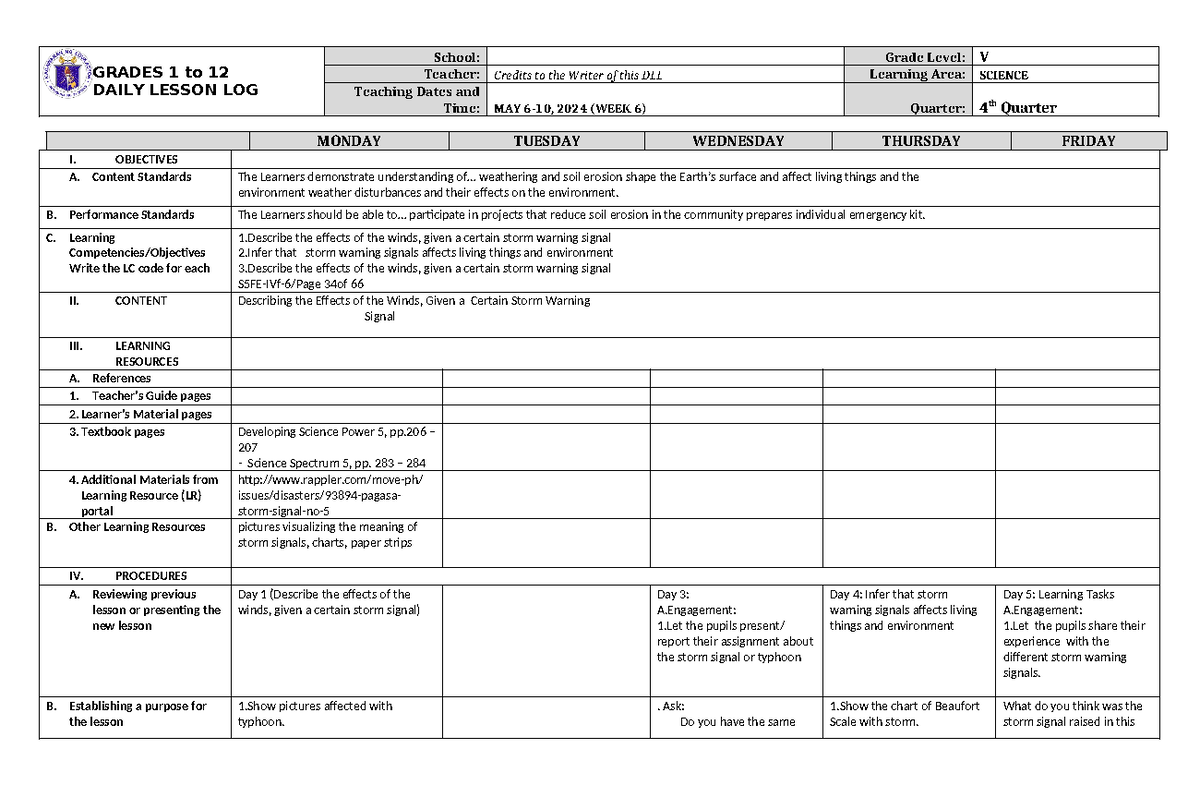 Grade 5 DLL Science 5 Q4 Week 6 - GRADES 1 to 12 DAILY LESSON LOG ...
