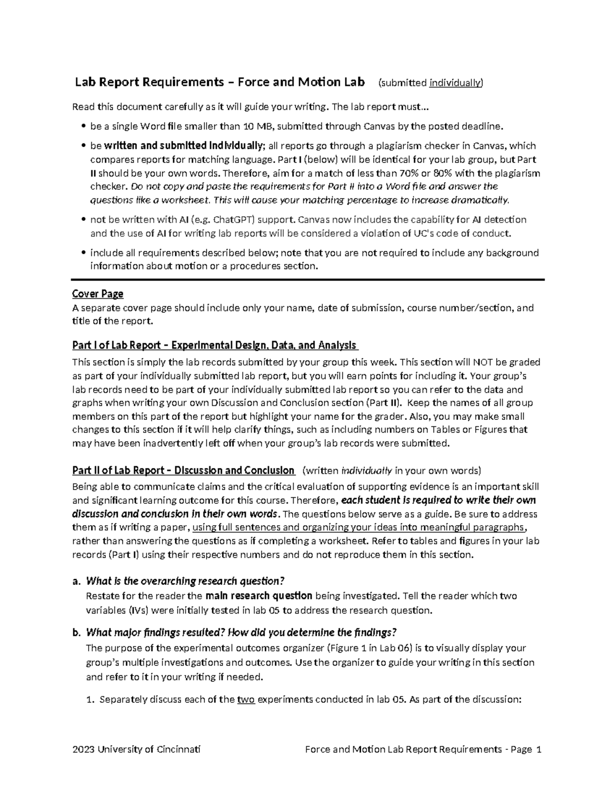 Lab 06 Requirements for the Force and Motion Lab Report Lab Report