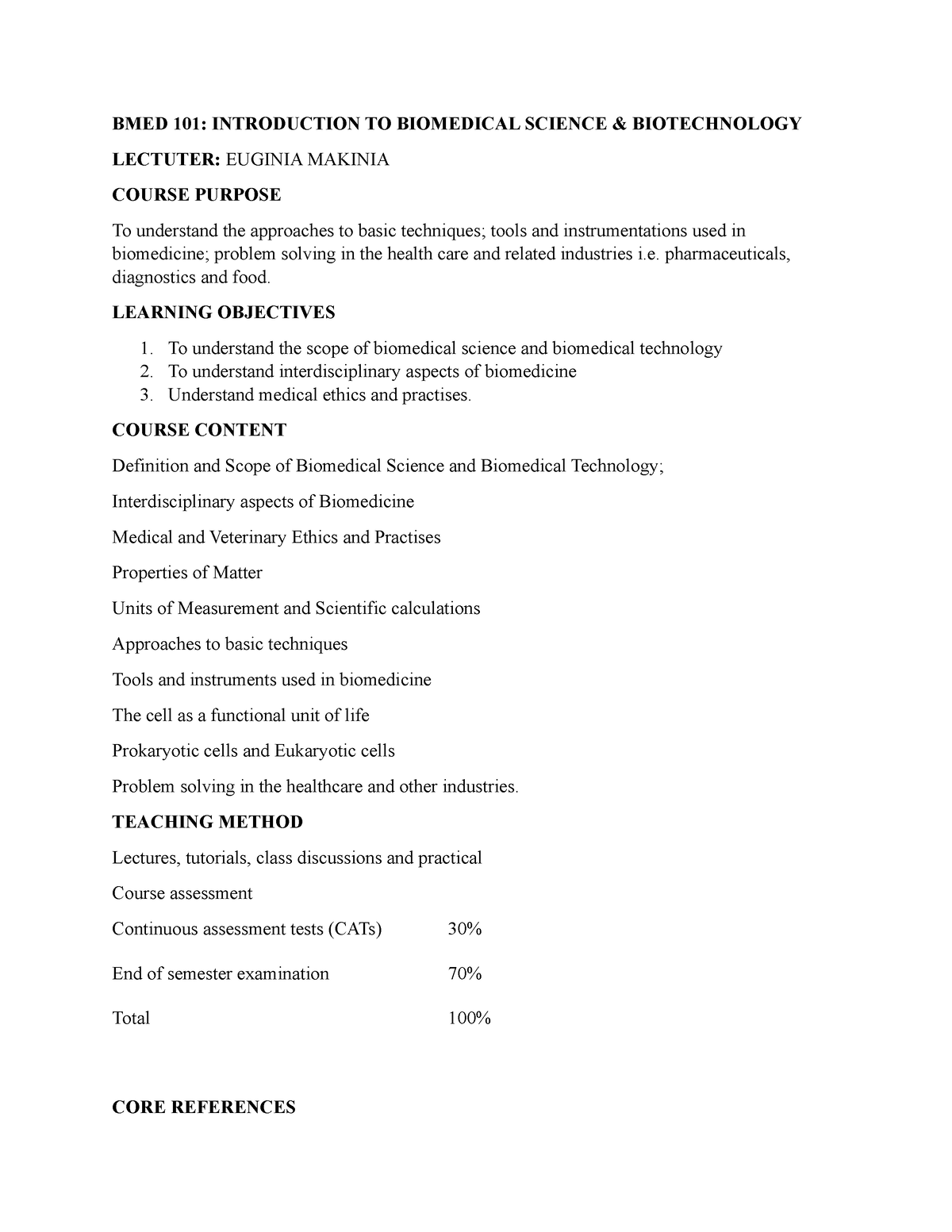 BMED 101.docx Course Outline AND Lecture ONE - BMED 101: INTRODUCTION ...