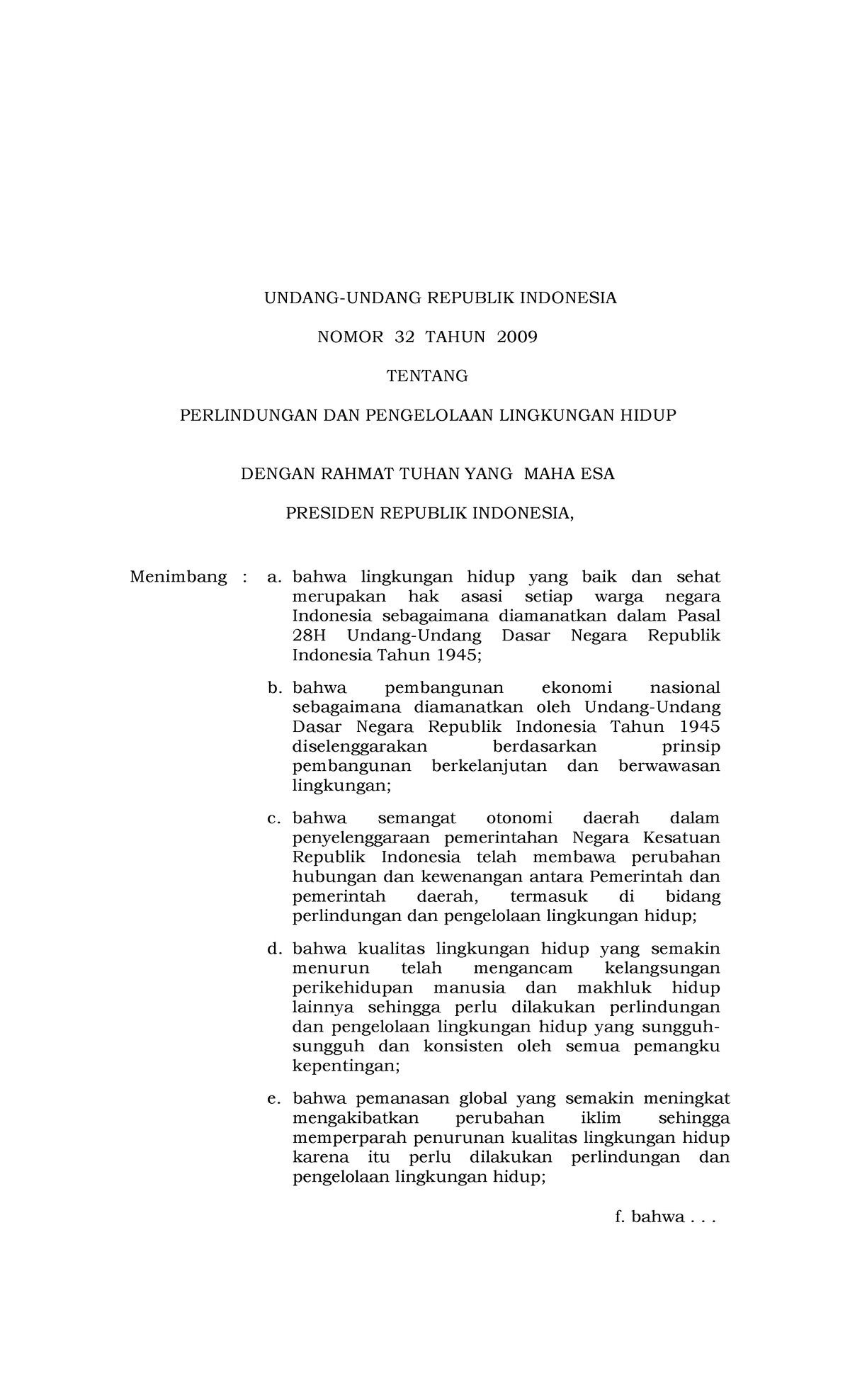 UU 32 2009 PPLH - UU PPLH - UNDANG-UNDANG REPUBLIK INDONESIA NOMOR 32 ...