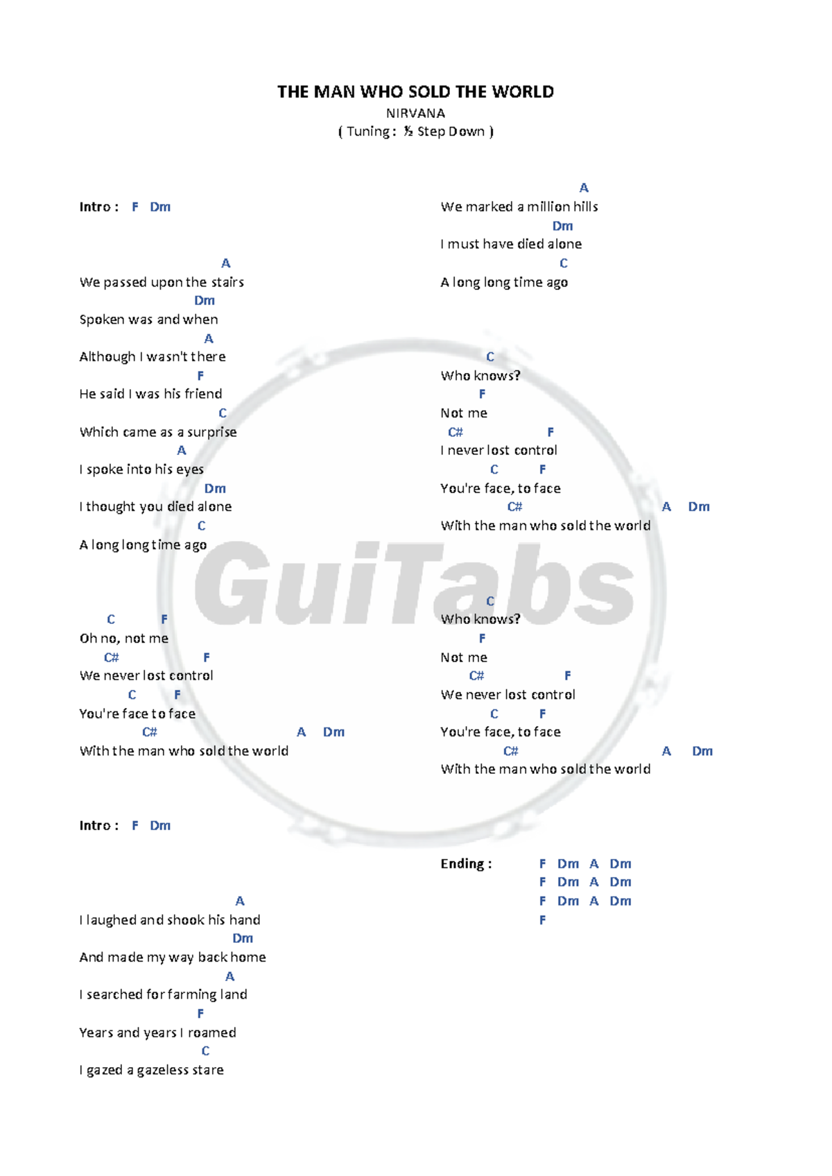 The Man who sold the World Lyrics & Chords THE MAN WHO SOLD THE WORLD NIRVANA ( Tuning ½