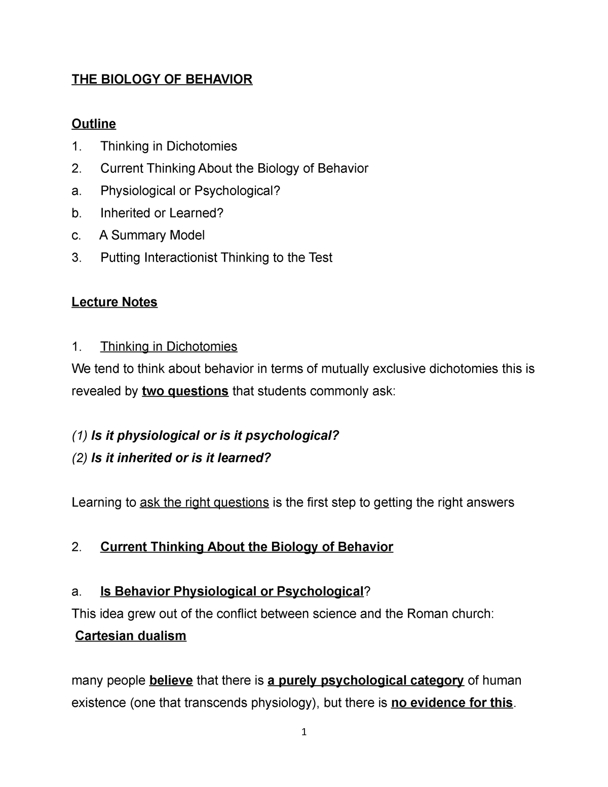 2021 Biopsychological Psychology Biology Of Behavior Lecture Notes The Biology Of 