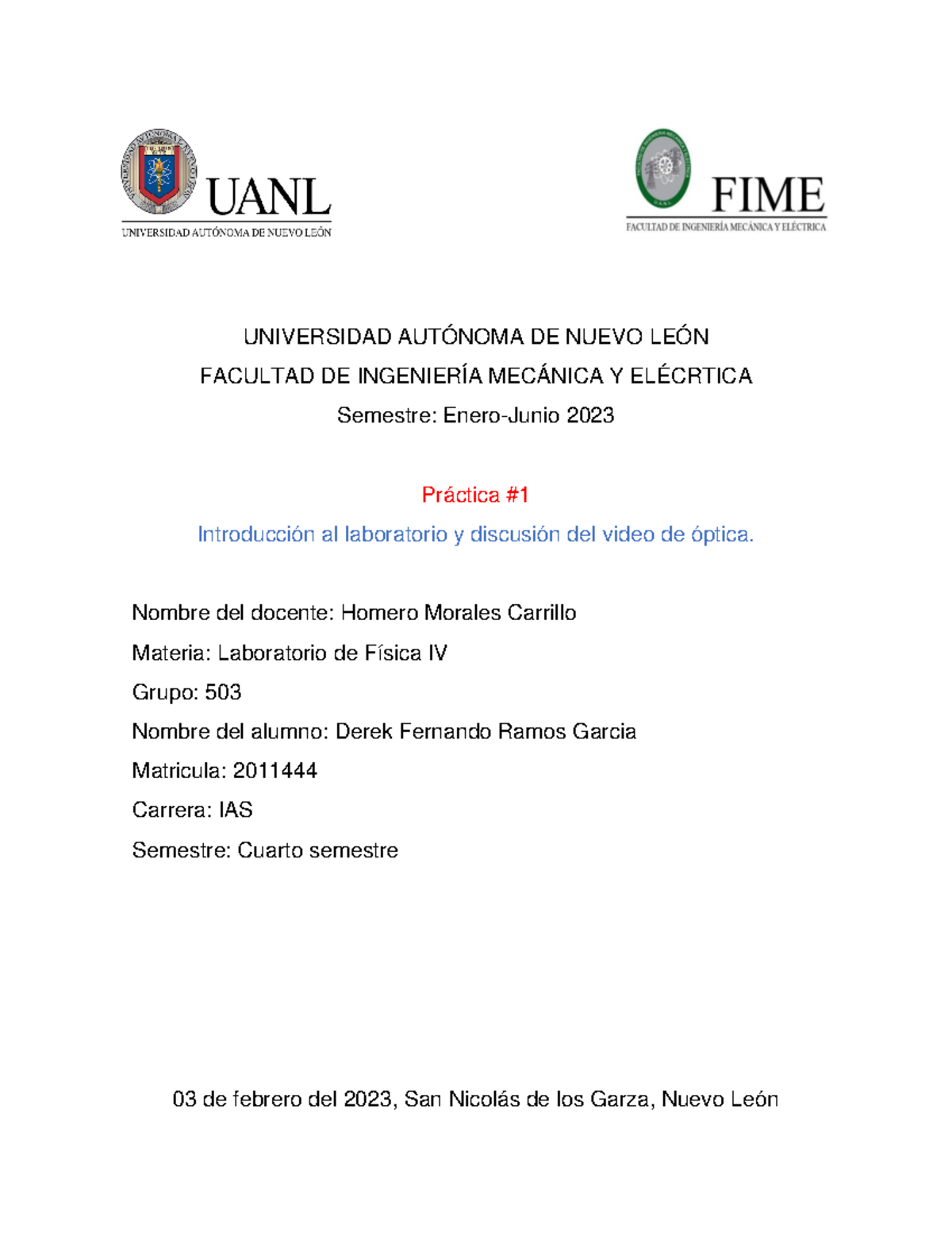 Practica #1 Lab Fis 4 - UNIVERSIDAD AUTÓNOMA DE NUEVO LEÓN FACULTAD DE ...
