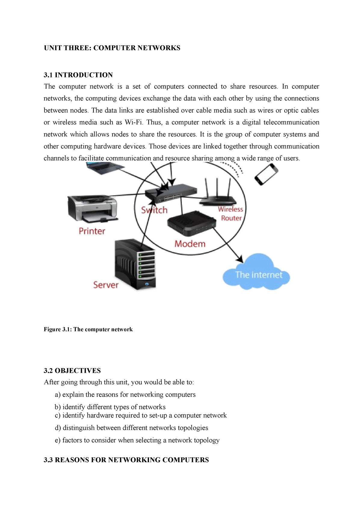 Unit 3 Notes Unit 3 UNIT THREE COMPUTER NETWORKS 3 INTRODUCTION