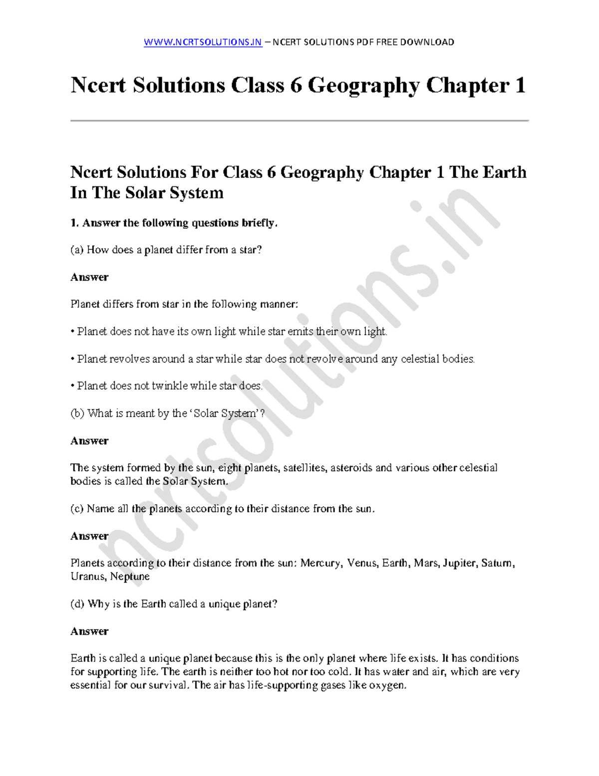 Ncert Solutions Class 6 Geography Chapter 1 - WWW.NCRTSOLUTIONS – NCERT ...
