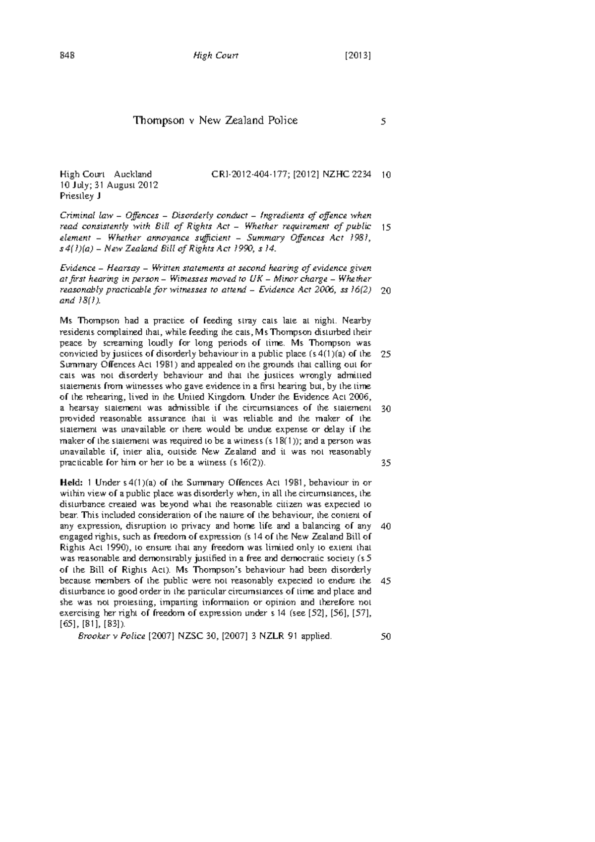 Thompson v New Zealand Police Evidence Hearsay Written statements