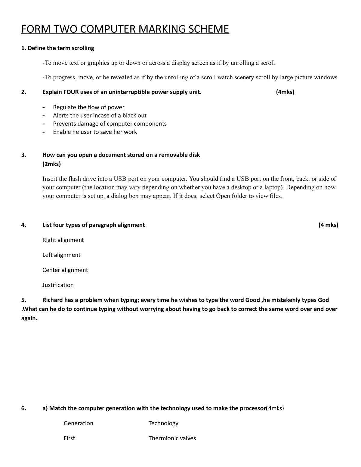 Computer F2 MS - (ms) marking schem and (qs) questions - FORM TWO ...