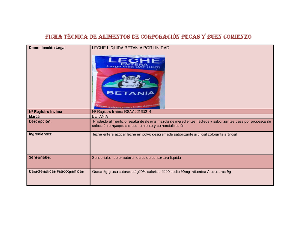 Ficha tecnica de la leche Ficha técnica de alimentos de corporación
