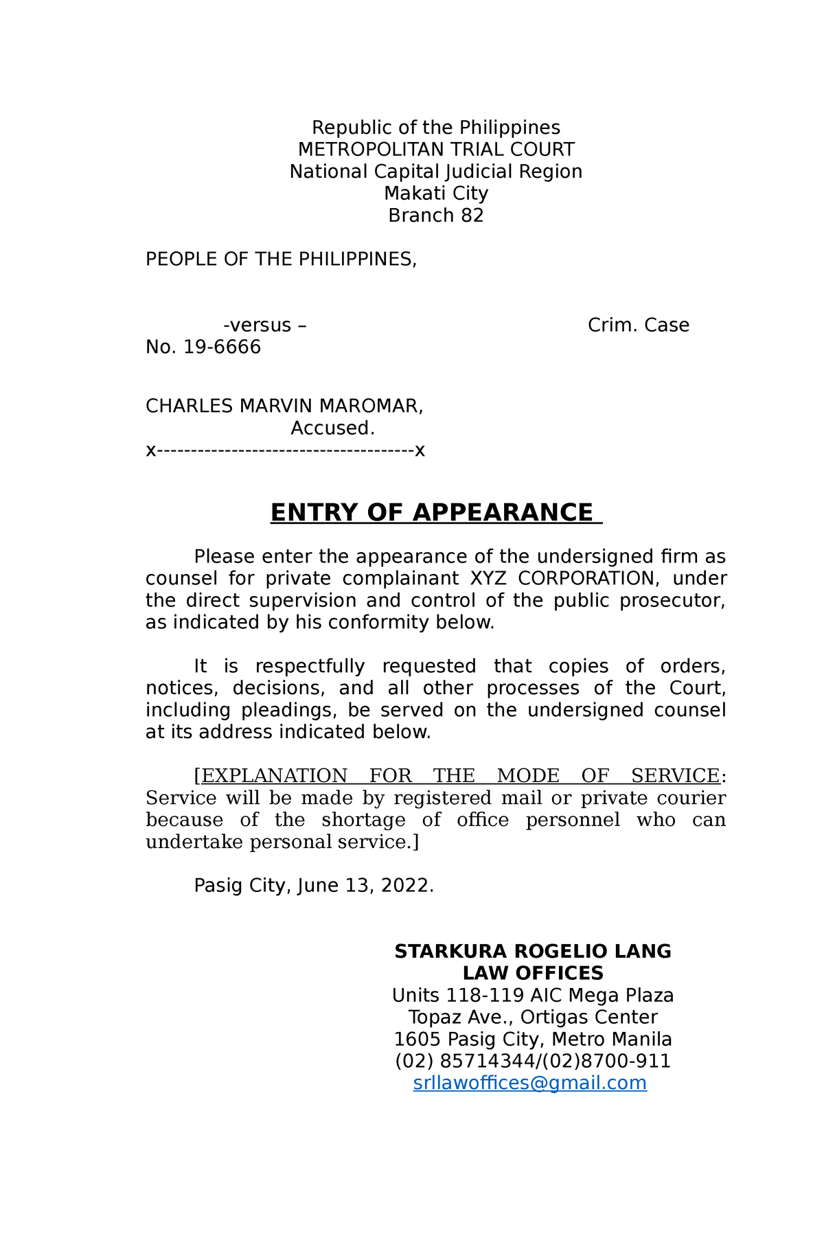 Notice Of Appearance Sample Philippines