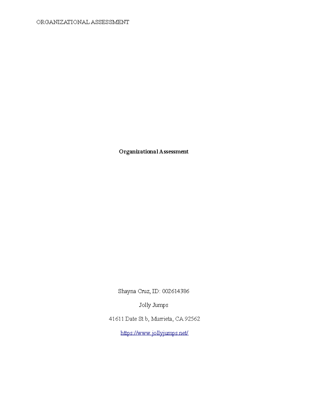 Organization Assessment Paper Jolly Jumps - ORGANIZATIONAL ASSESSMENT ...