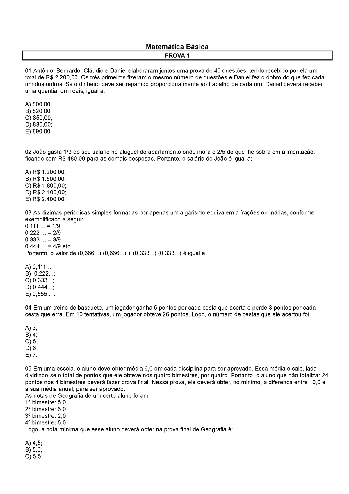 CDP - Matem Tica B Sica - Matemática Básica PROVA 1 01 Antônio ...