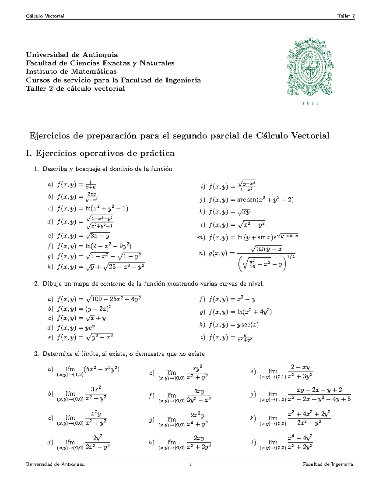 Taller 2 C Lculo Vectorial - Universidad De Antioquia Facultad De ...