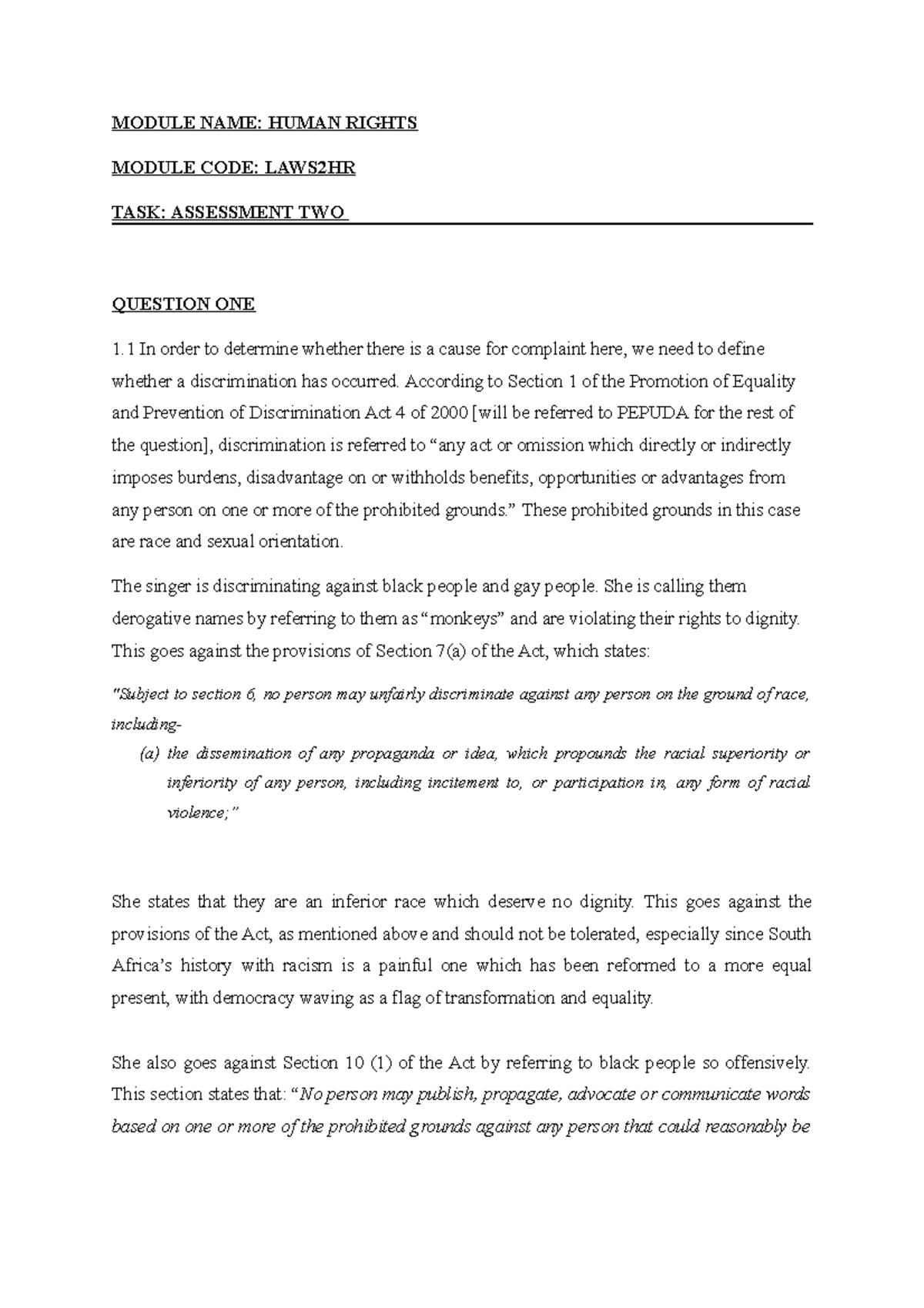 Human rights law - MODULE NAME: HUMAN RIGHTS MODULE CODE: LAWS2HR TASK ...