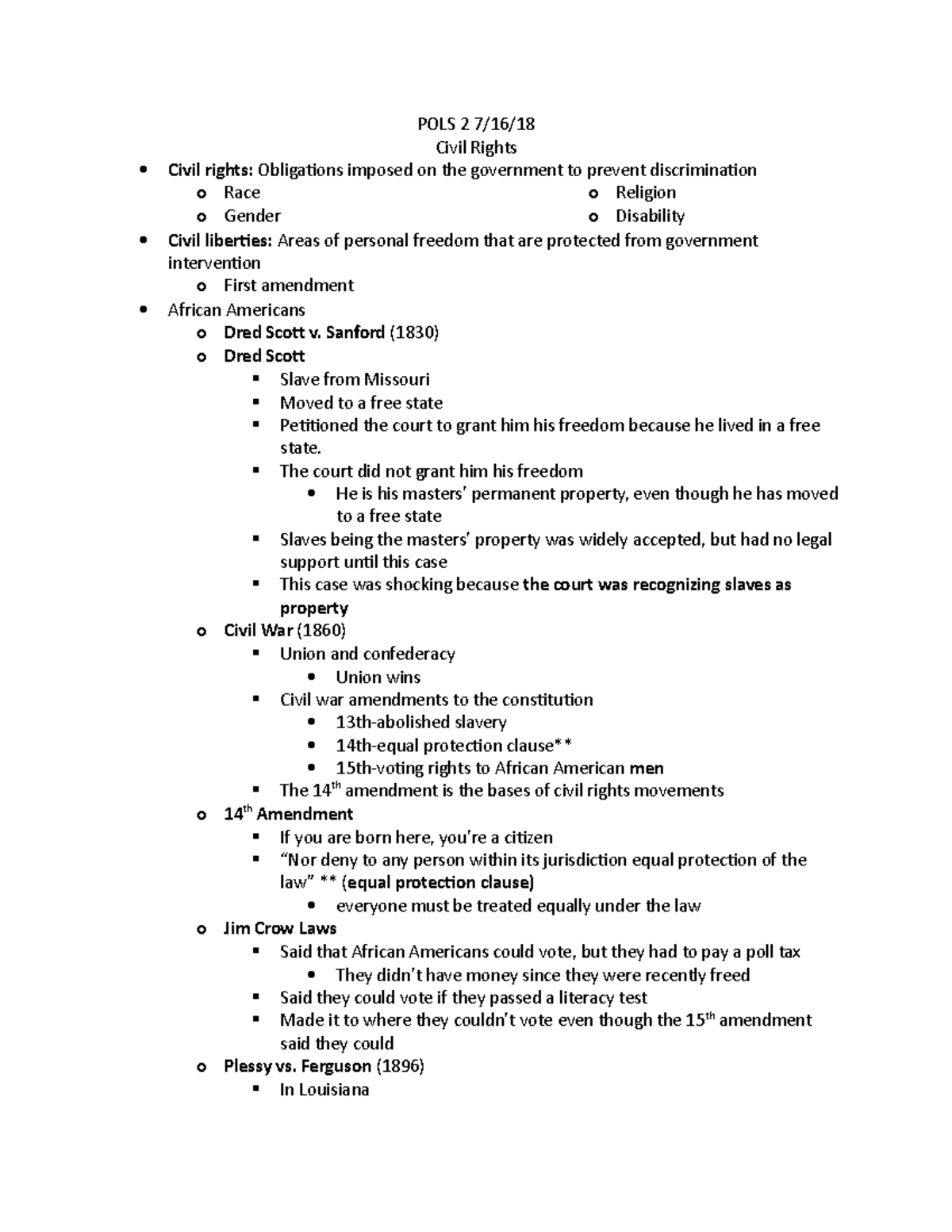 POLS2 7 16 - Notes - POLS 2 7/16/ Civil Rights Civil rights ...