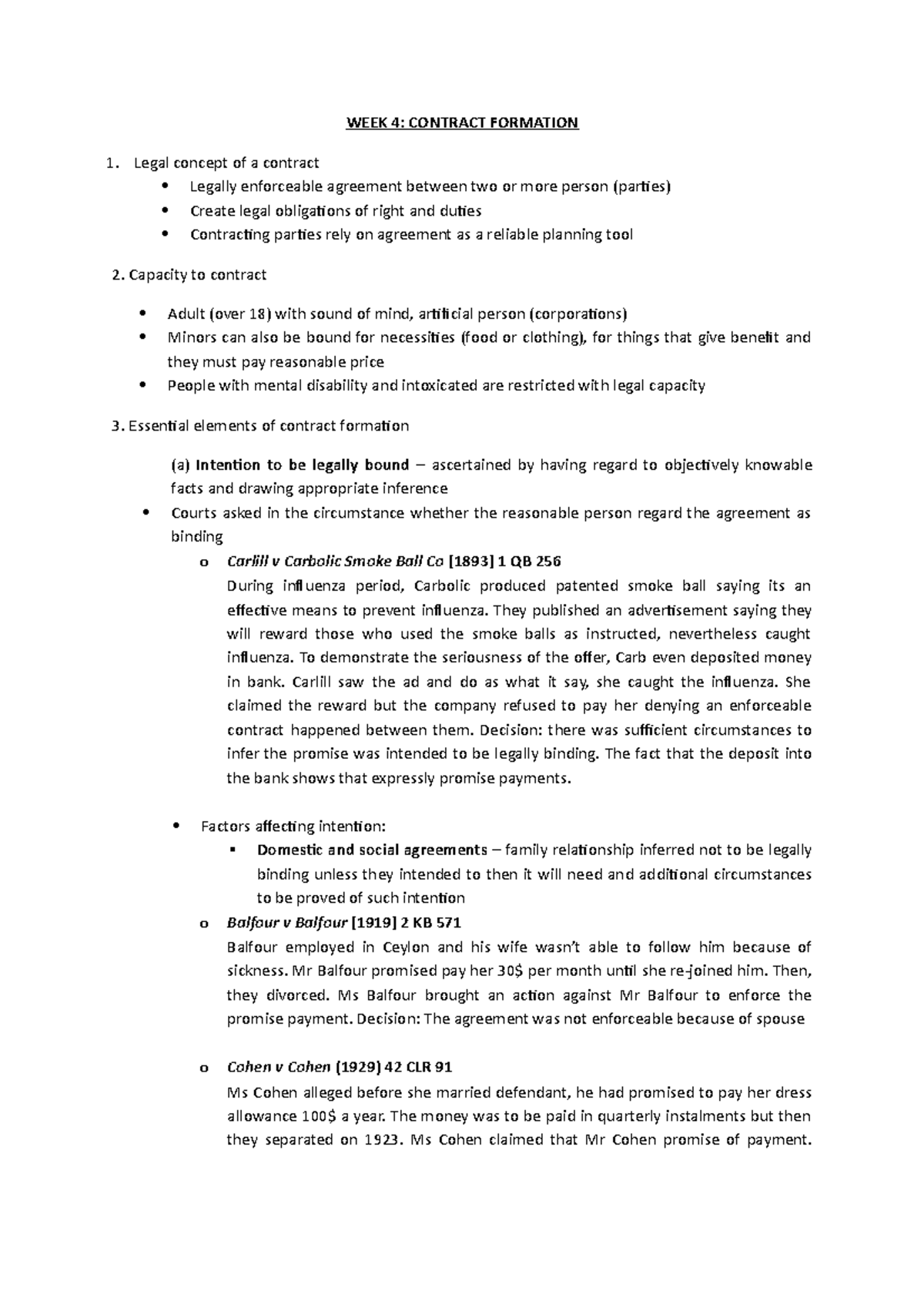 BLAW10001 Lecture notes W4-8 - WEEK 4: CONTRACT FORMATION 1. Legal ...