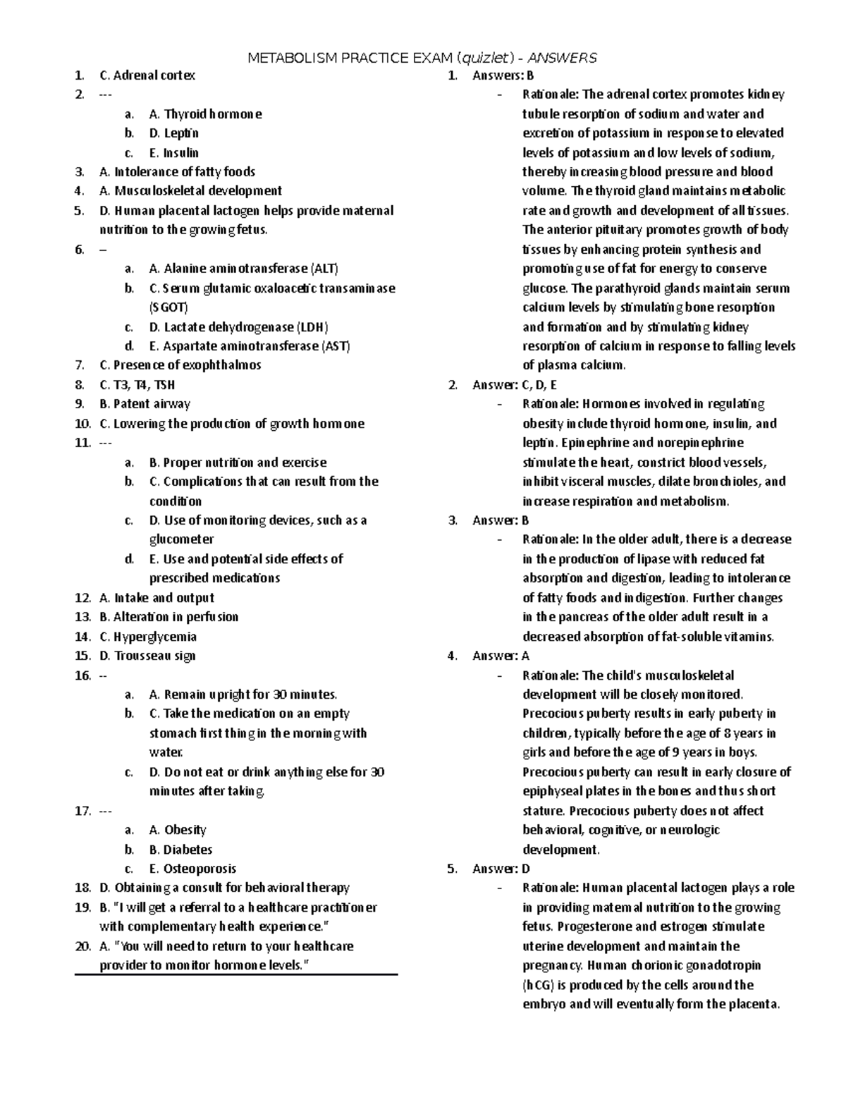 Metabolism practice test - quizlet - Amswers - METABOLISM PRACTICE EXAM ...