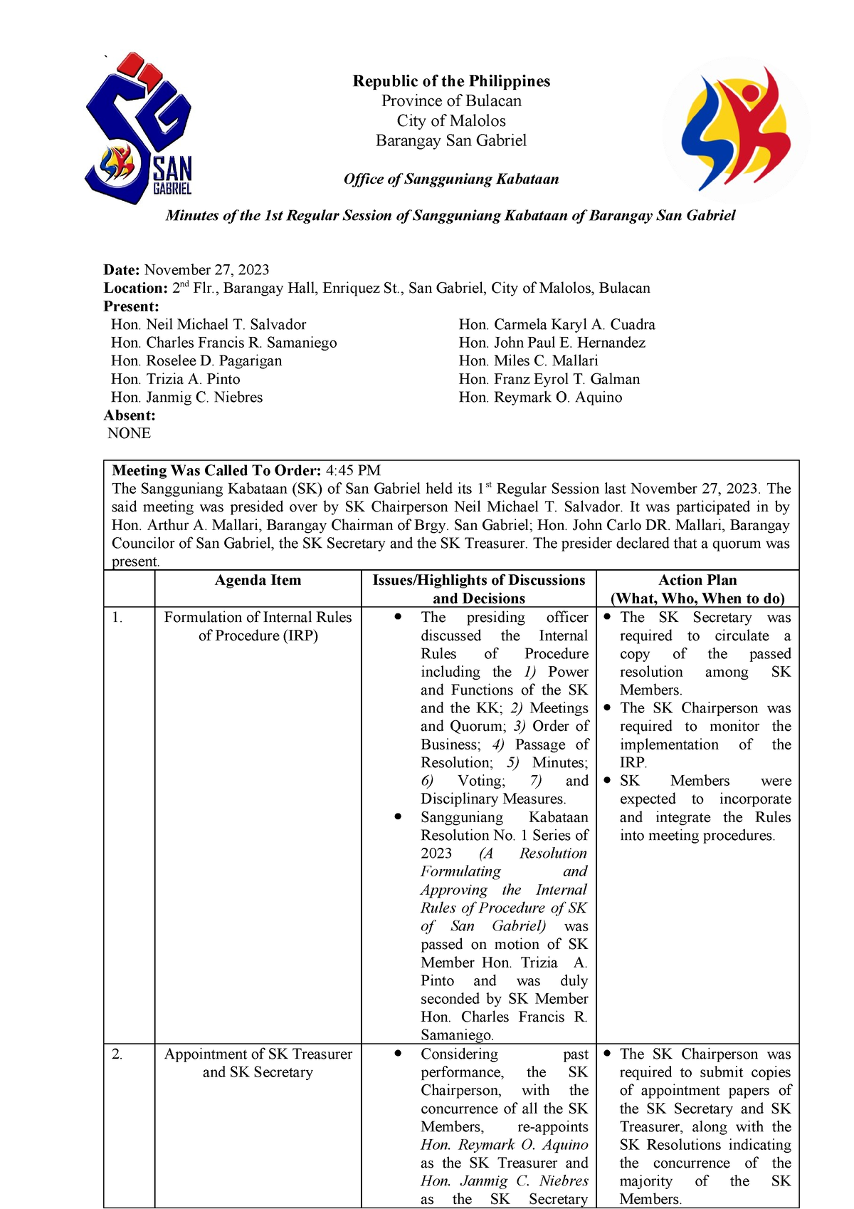 Sksgmin 001-1st Regular Session Minutes - ` Republic of the Philippines ...