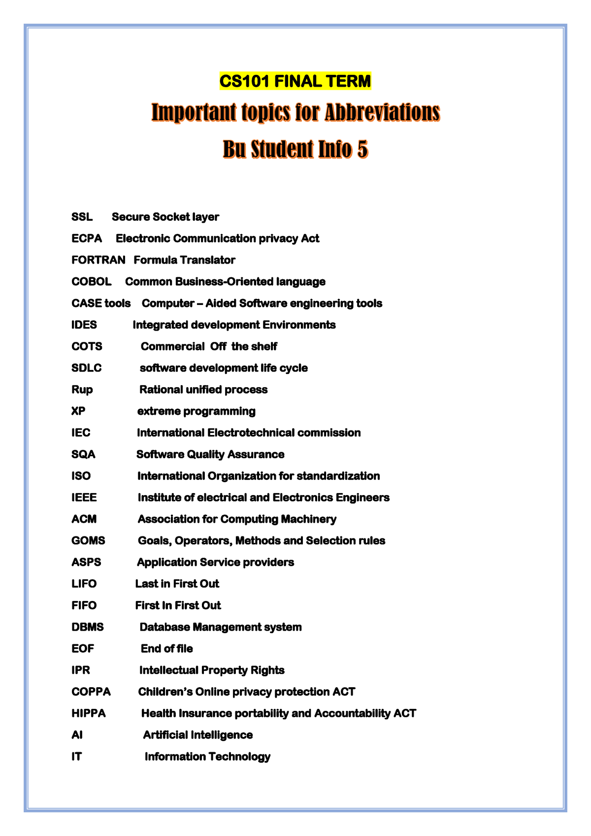 Cs101 Most Important Abbreviartion Final Term 2024 - CS101 FINAL TERM ...