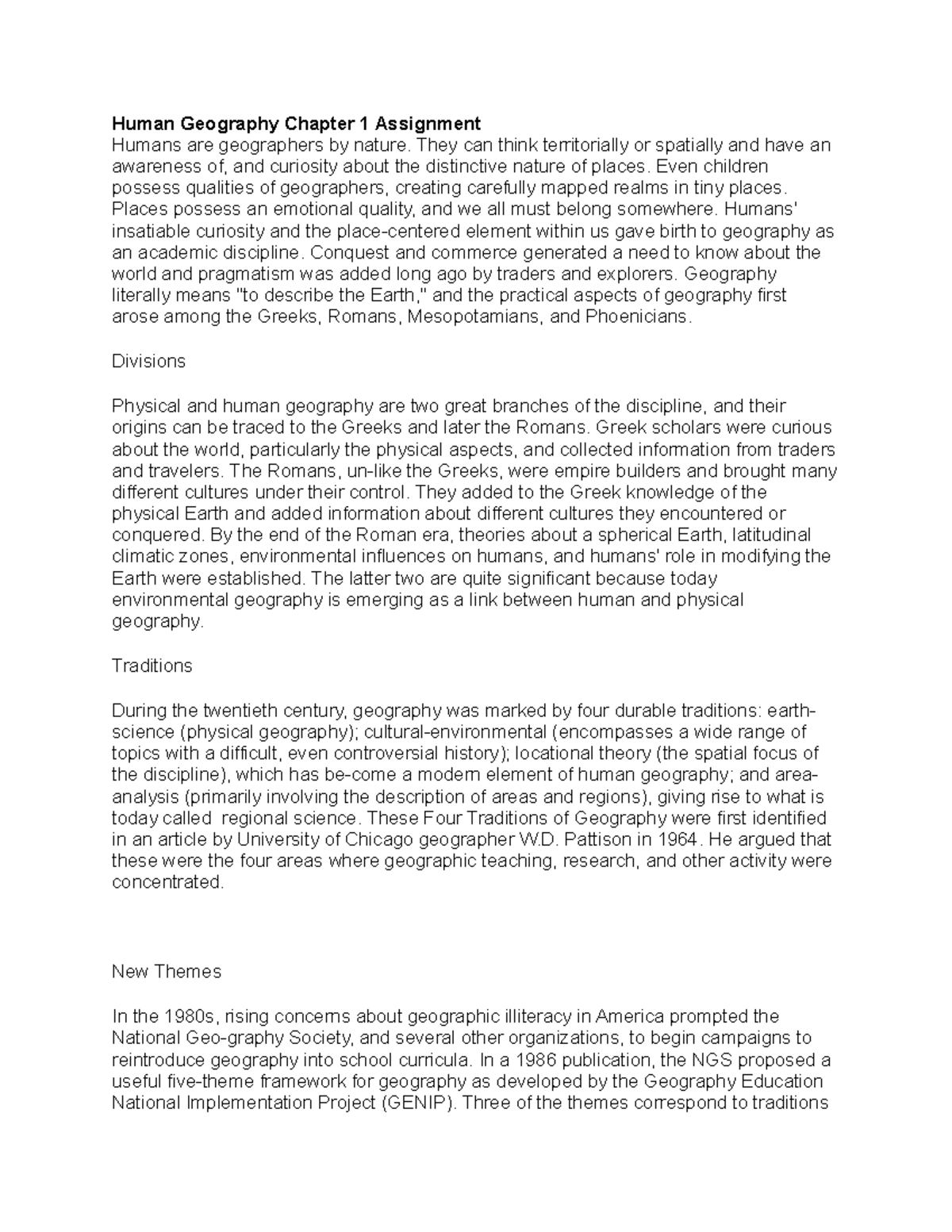 Human Geography Chapter 1 Assignment Human Geography Chapter 1