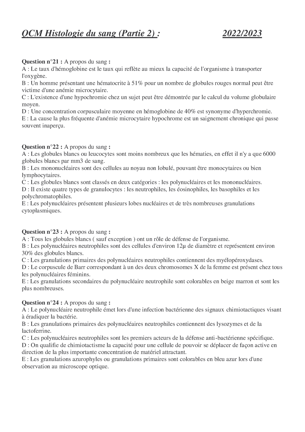 QCM Histologie Du Sang 2 Avec Correction - QCM Histologie Du Sang ...