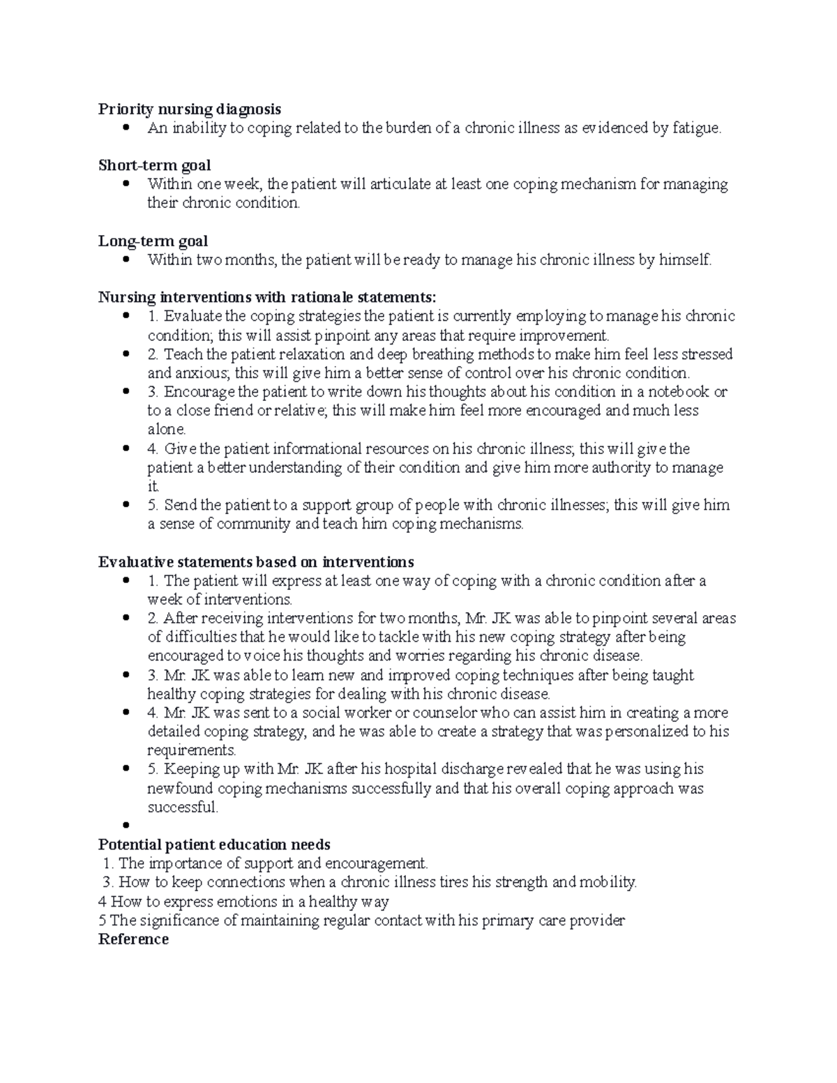 RUA 3241 Nursing diagnosis, shortterm and longterm goals nursing