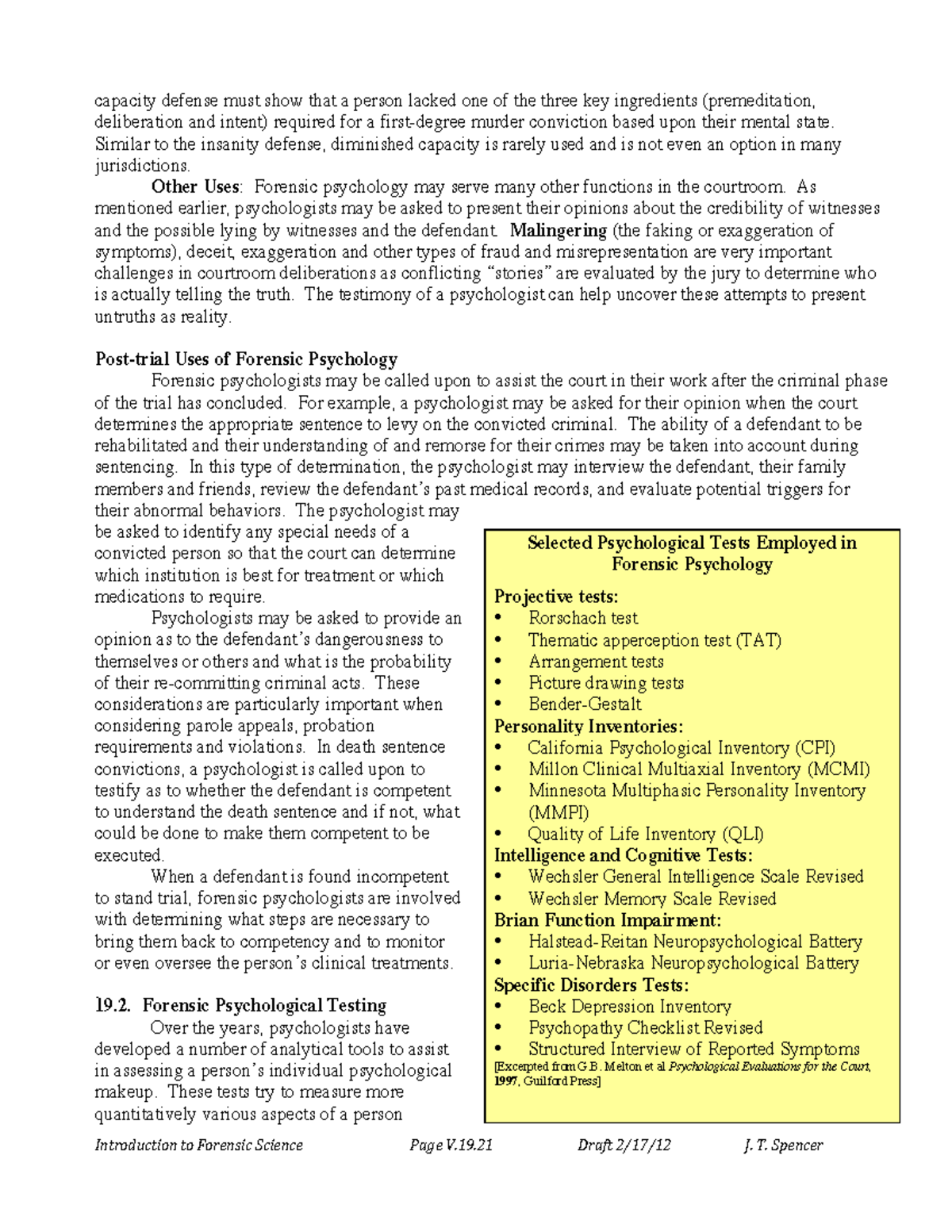 19.2 Forensic Psychological Testing - capacity defense must show that a ...