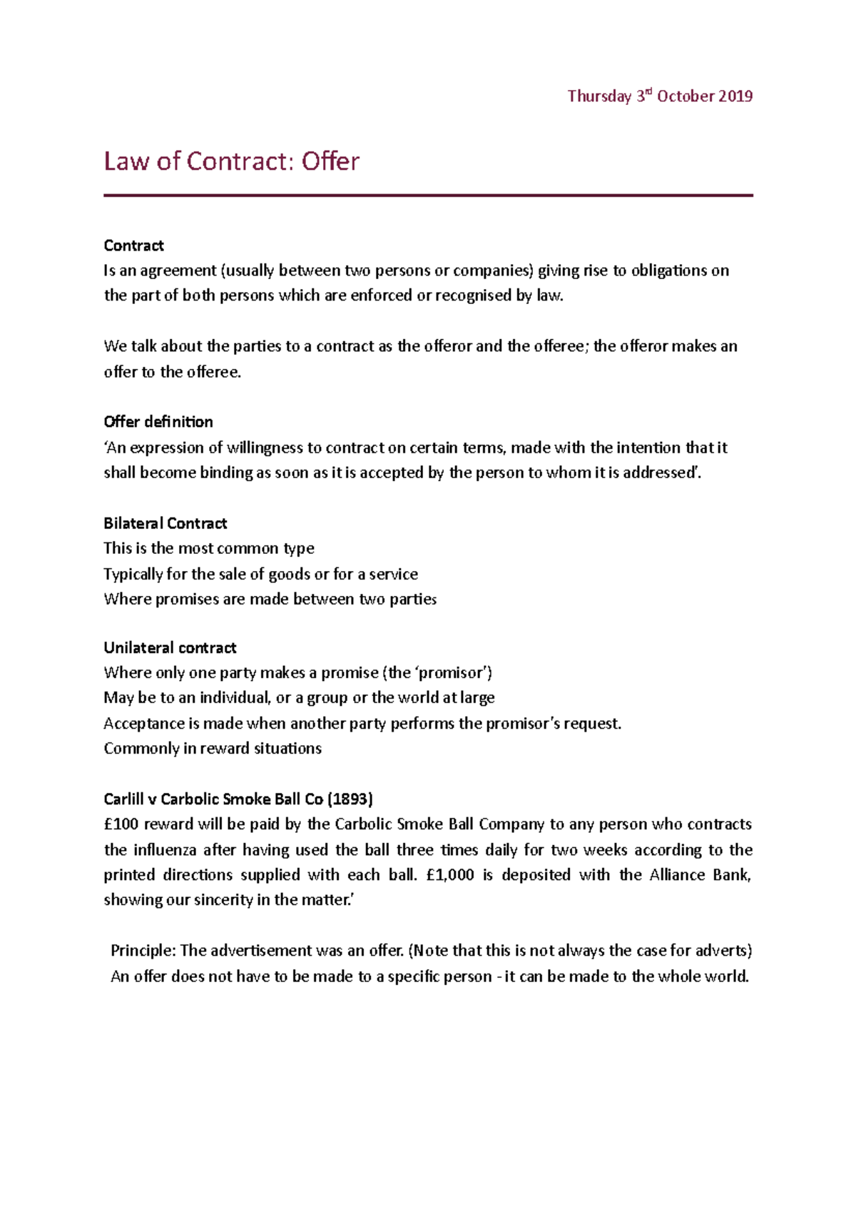 Offer in contract - Thursday 3rd October 2019 Law of Contract: Ofer ...