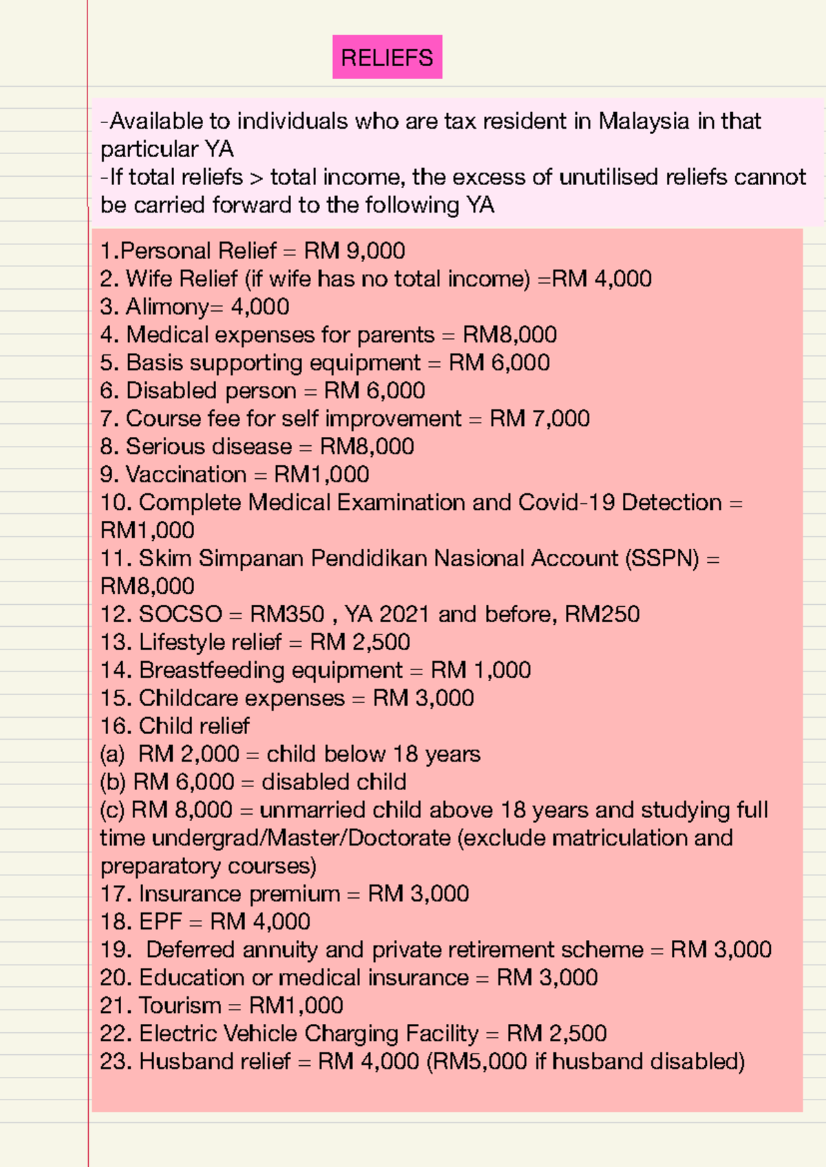 TAX Reliefs Summary Taxation In Malaysia RELIEFS Available to