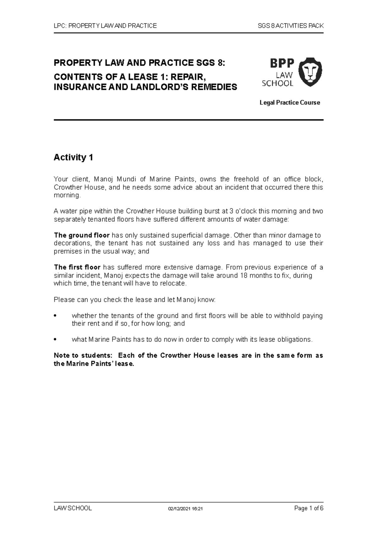 Property SGS 8 Activities Pack 202122 LPC PROPERTY LAW AND PRACTICE