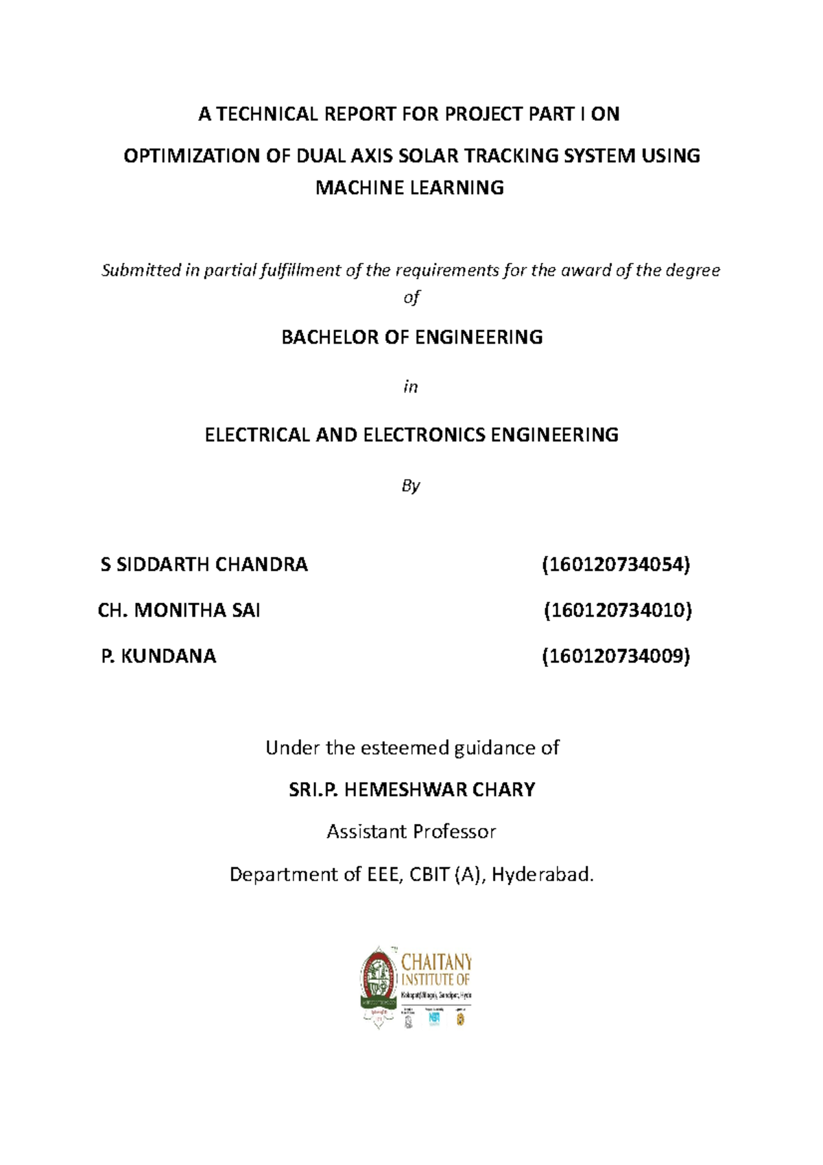Project report WIP - A TECHNICAL REPORT FOR PROJECT PART I ON ...