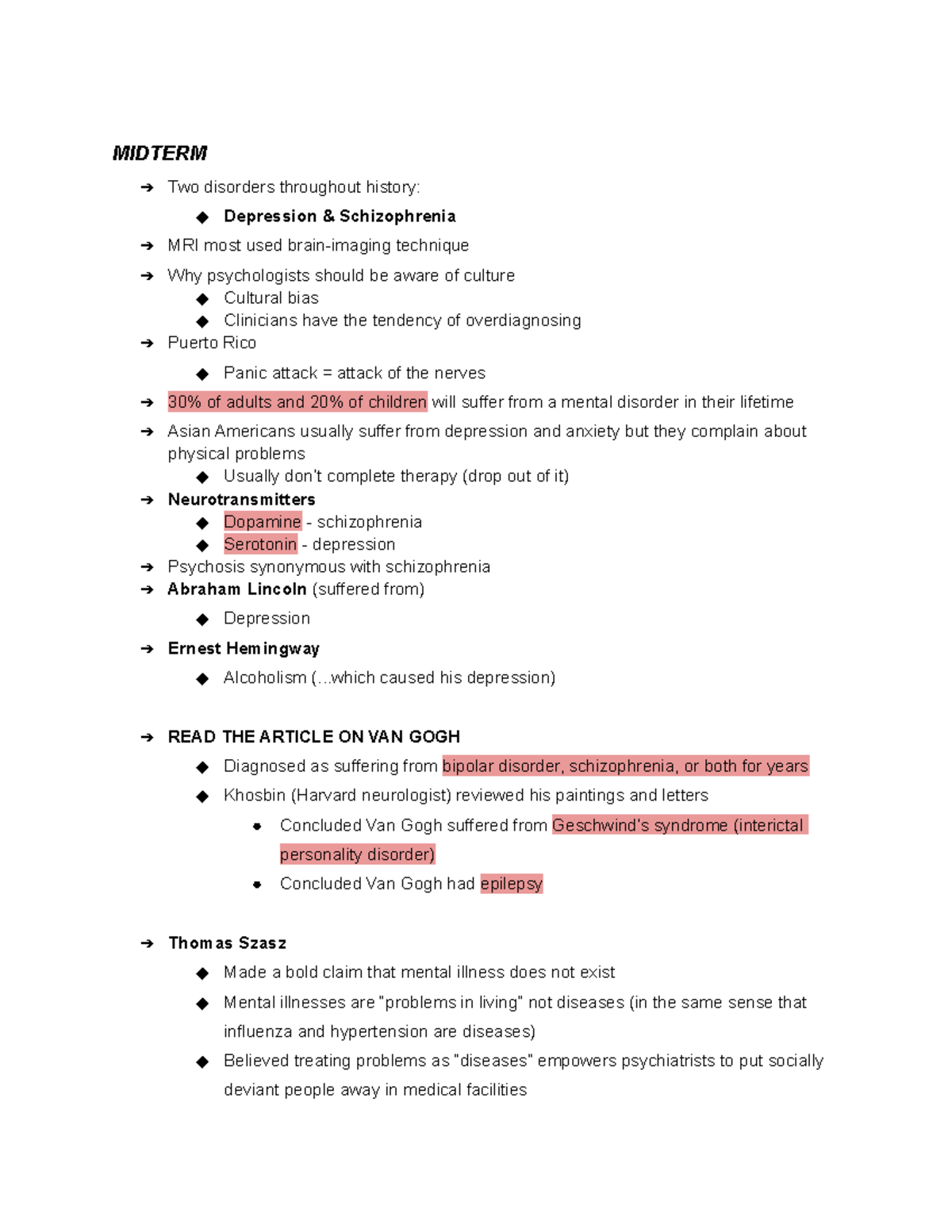 Abnormal Psych 1 Midterm - MIDTERM Two Disorders Throughout History ...