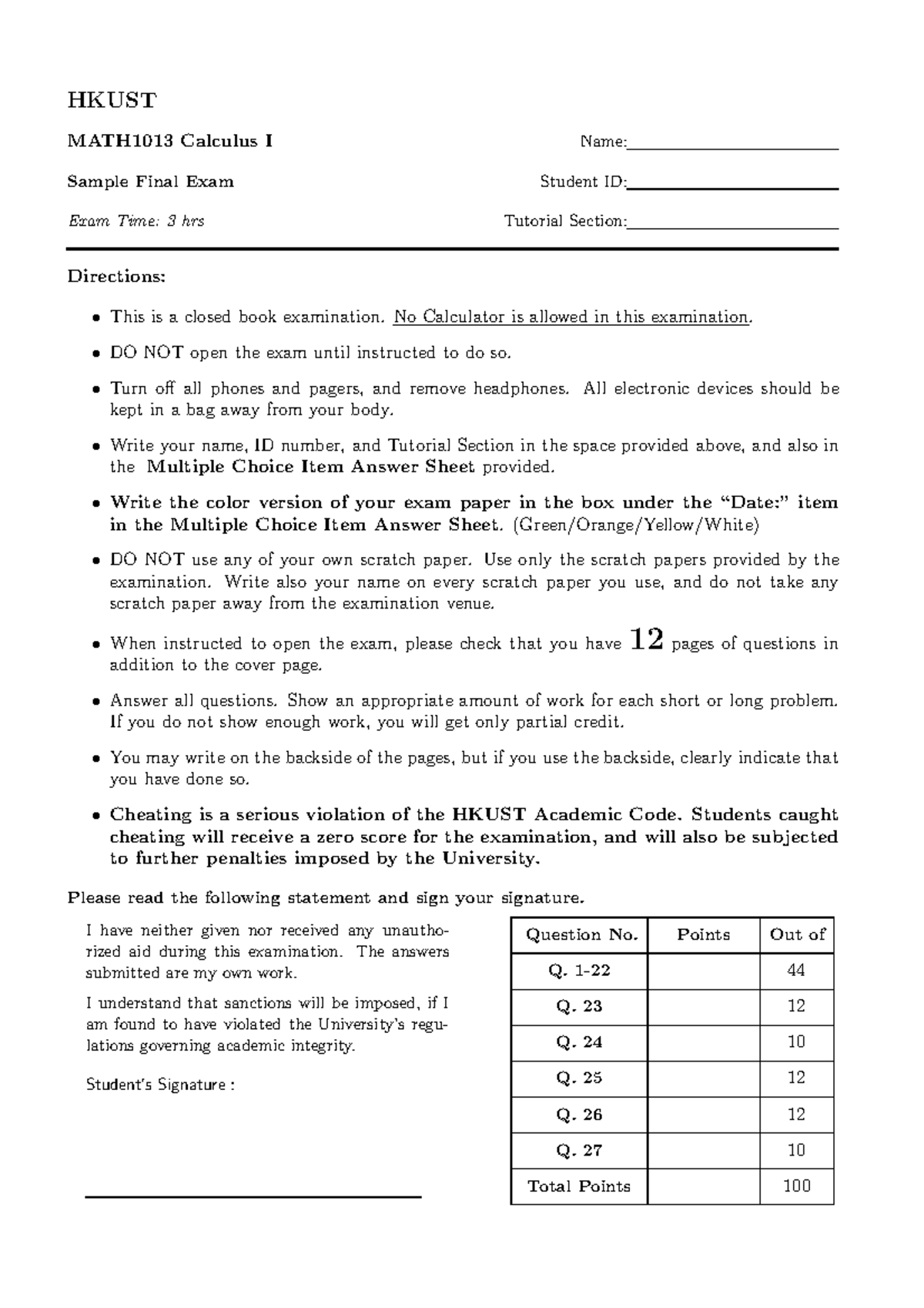 Final exam 2018, questions HKUST MATH1013 Calculus I Name Student ID