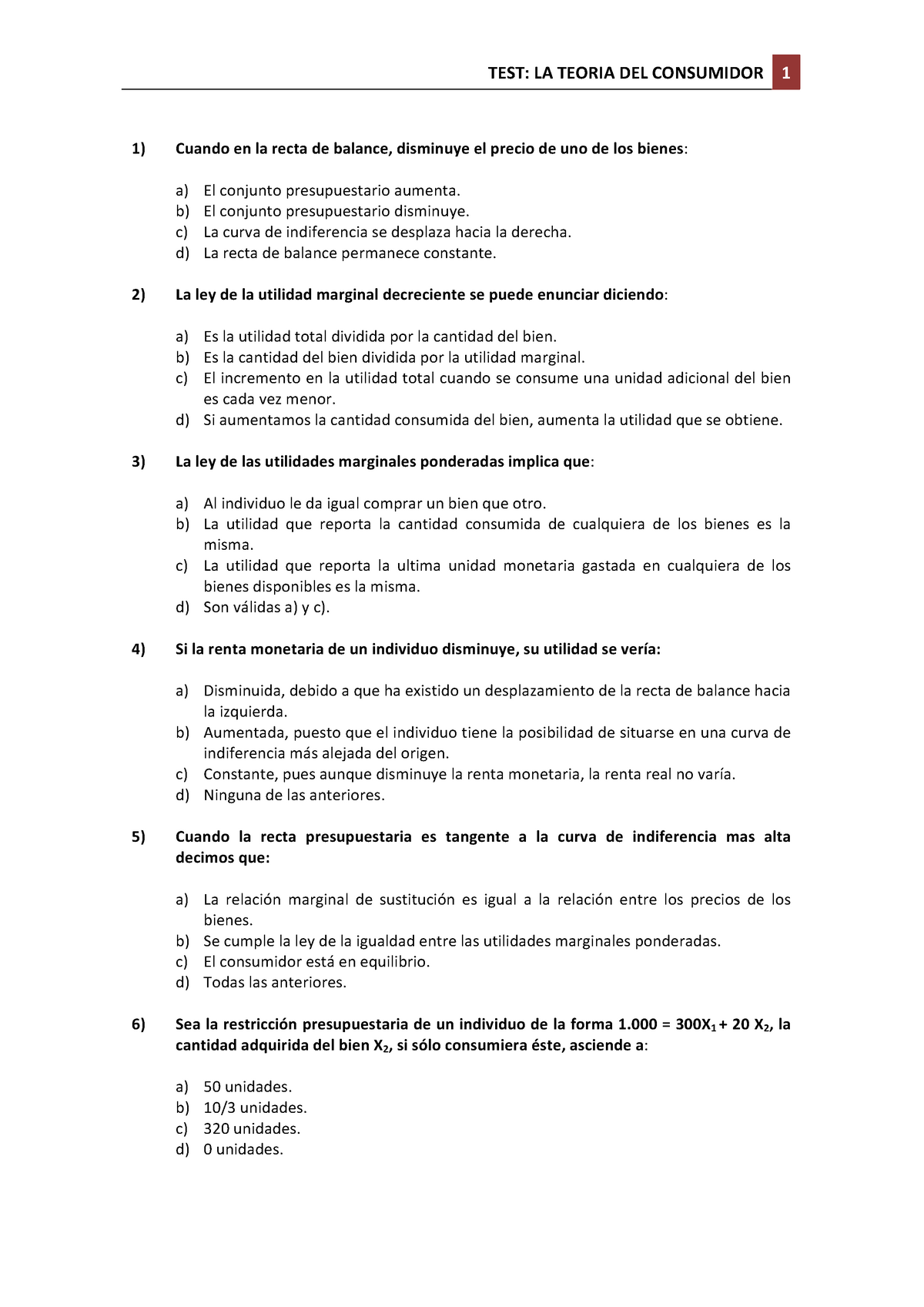 TEST LA Teoria DEL Consumidor - TEST: LA TEORIA DEL CONSUMIDOR 1 1 ...