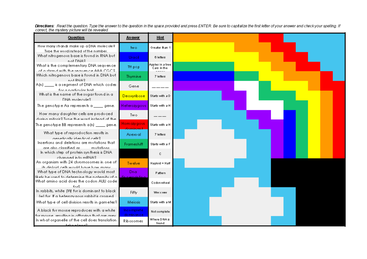 Copia de Genetics Self-Checking Mystery Picture with Hints - Sheet 1 -  Directions: Read the - Studocu