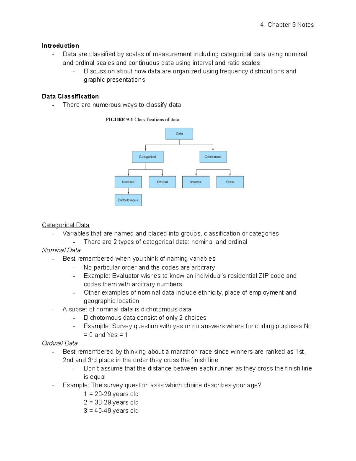4. Chapter 9 Notes - Introduction - Data are classified by scales of ...