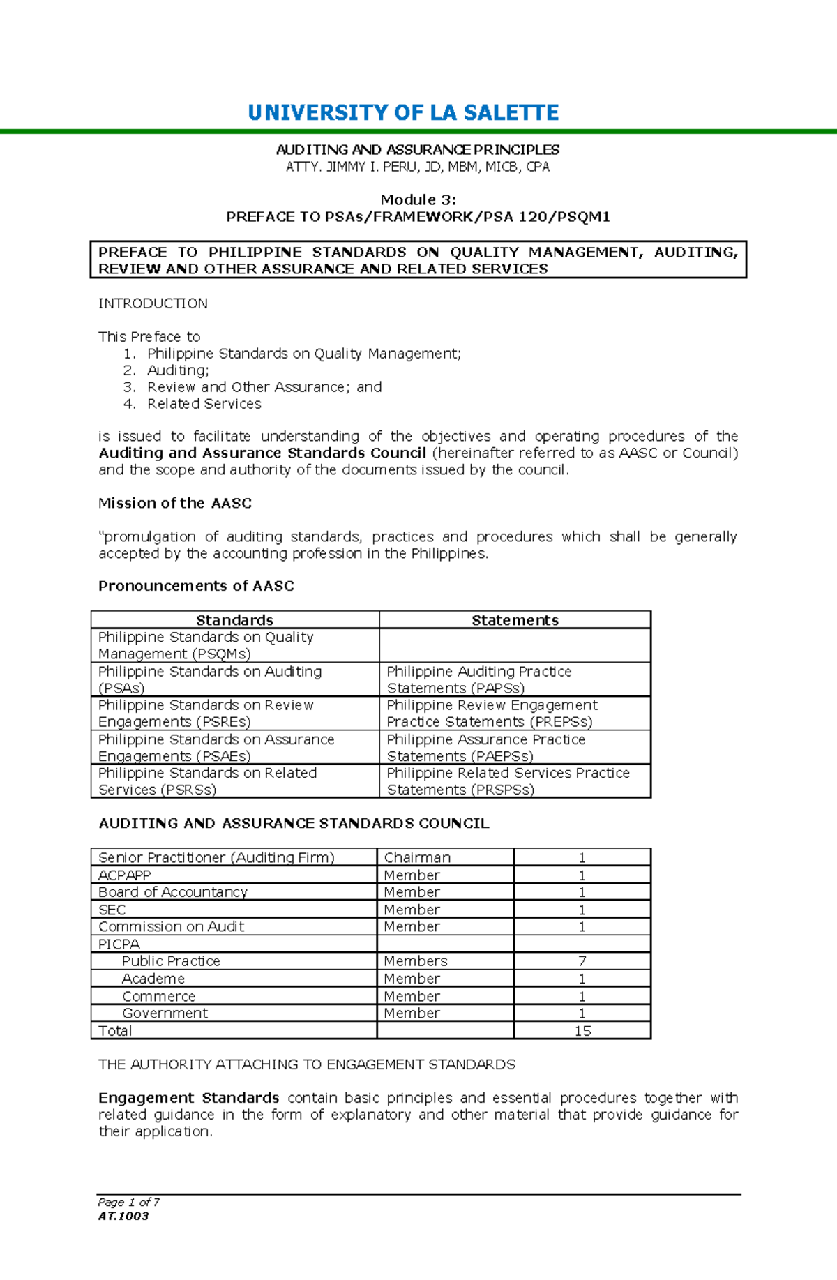 Module 3 Preface PSA120 Framework PSQM1 - Page 1 of 7 AT 003 UNIVERSITY ...