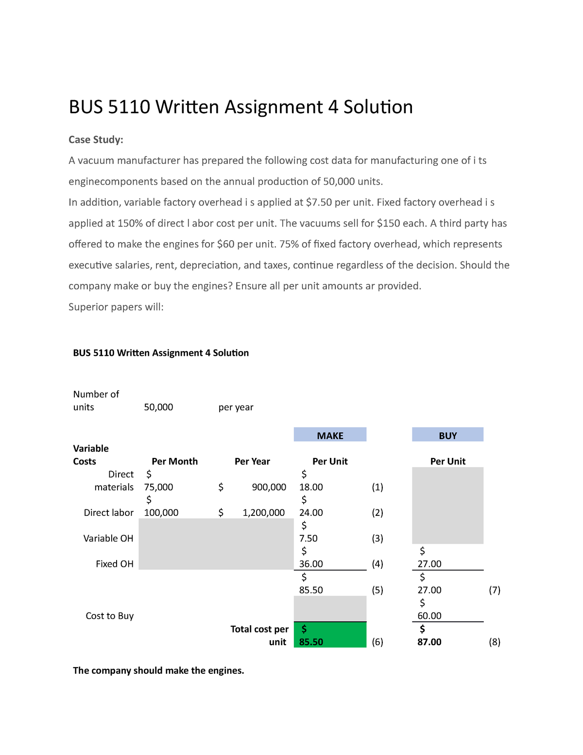 BUS 5110 Managerial Accounting Written Assignment 4 Solution - BUS 5110 ...