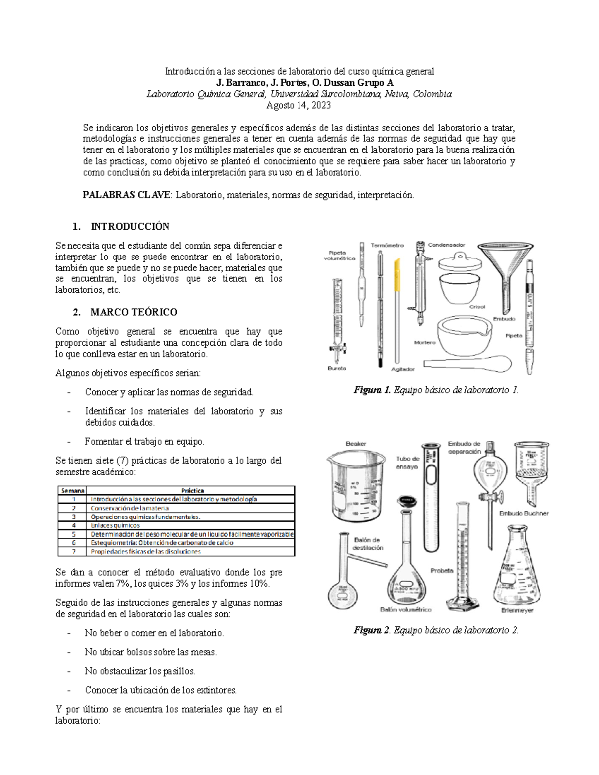 Informe Introducción A Las Secciones De Laboratorio Del Curso Química