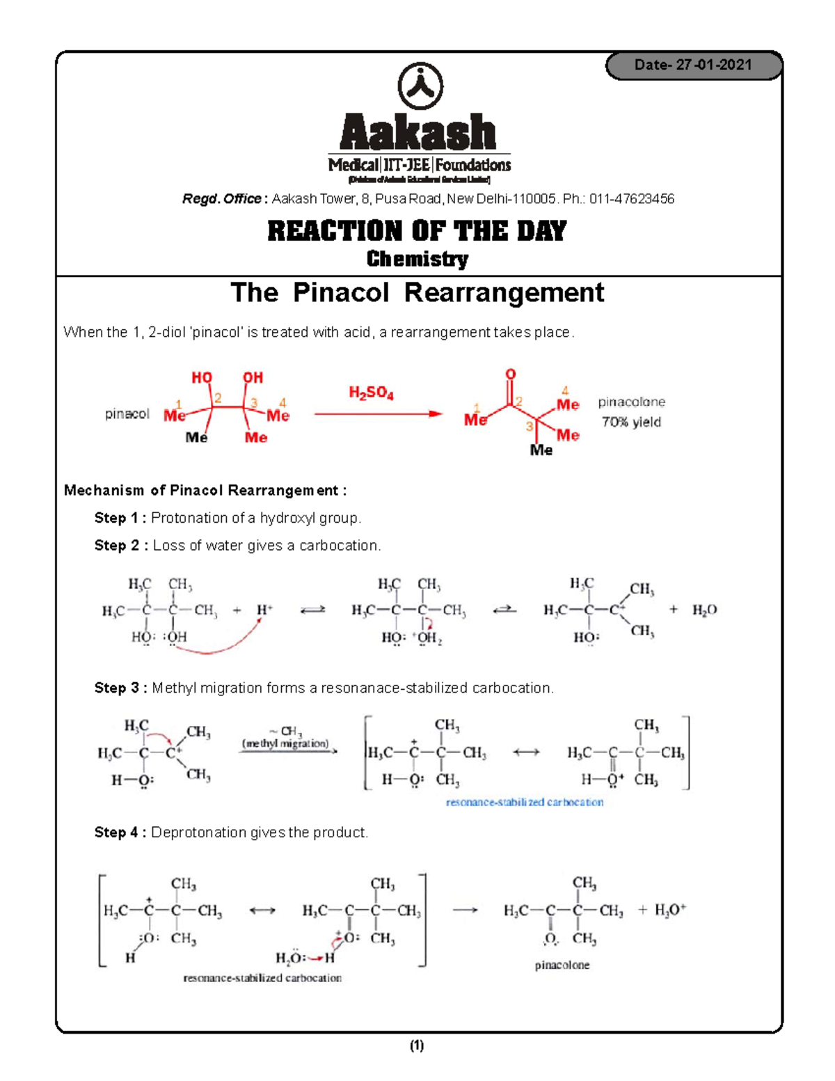 The Pinacol Rearrangement - (1) When the 1, 2-diol ‘pinacol’ is treated ...