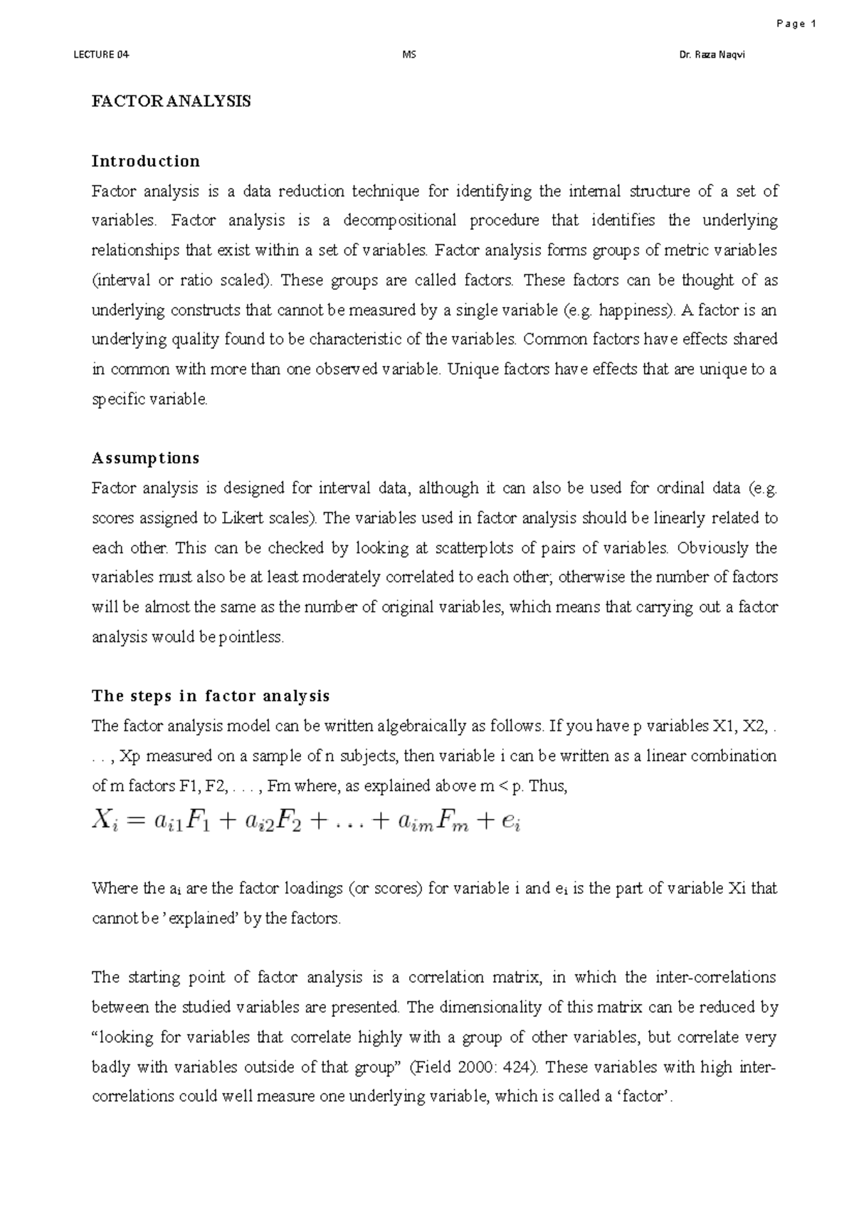 Factor Analysis - Lecture notes 8 - LECTURE 04 MS Dr. Raza Naqvi FACTOR ...
