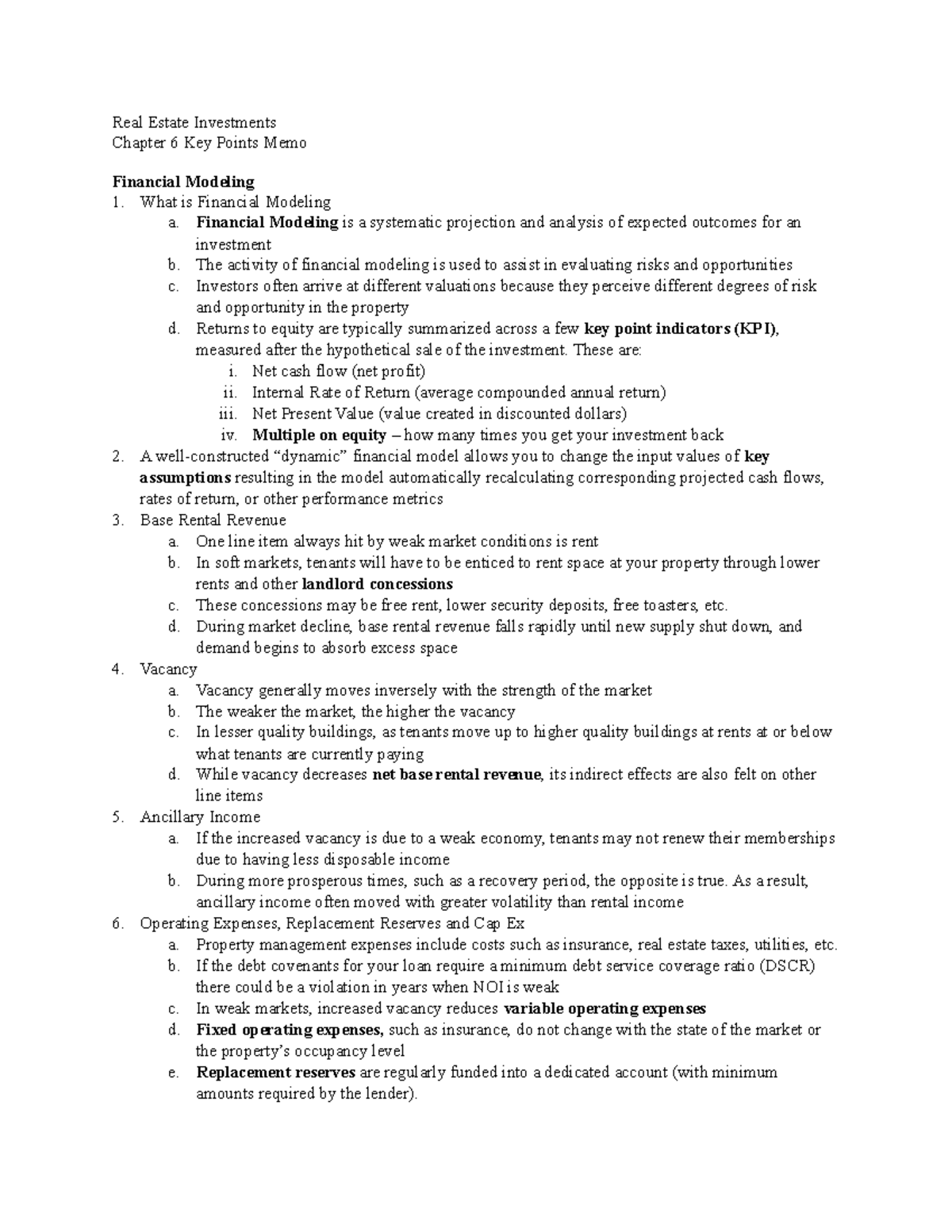 Key Point Memo Chapter 6 Real Estate Investments Chapter 6 Key Points