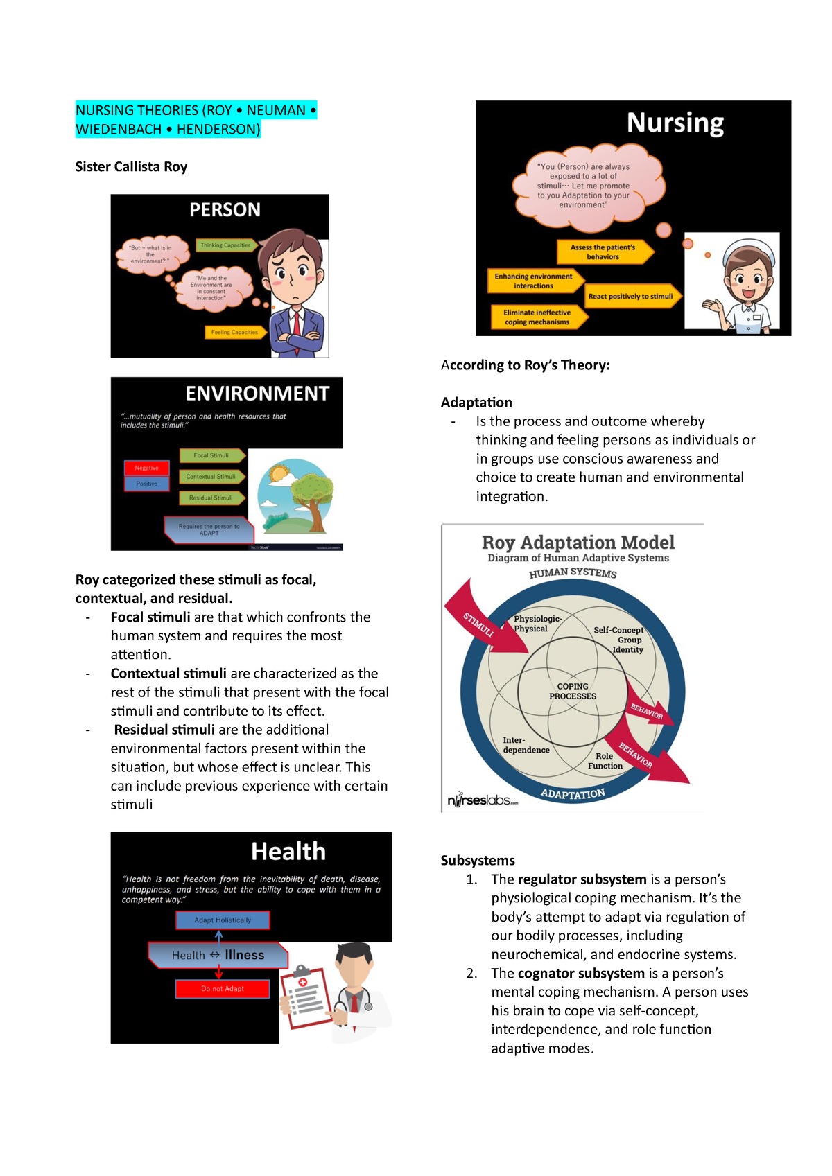 TFN Trans - Theoretical Foundations Of Nursing - NURSING THEORIES (ROY ...